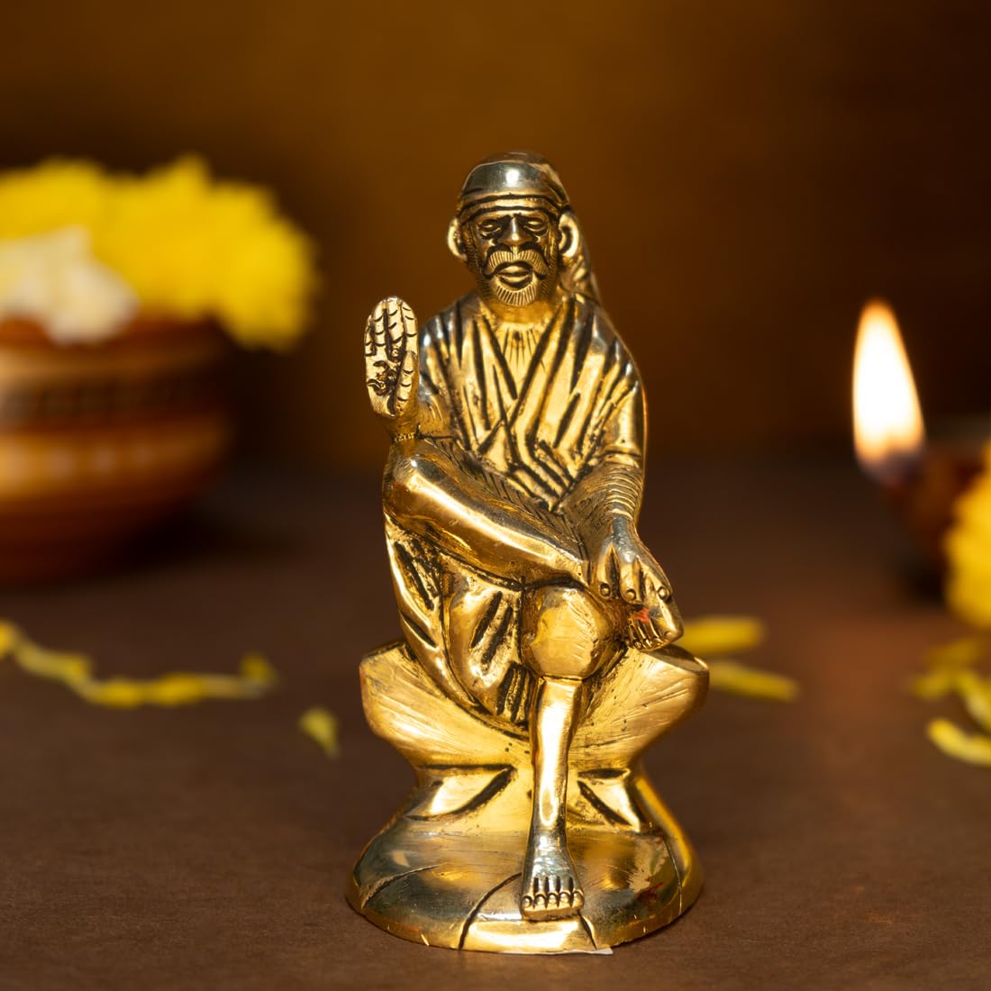 Ekhasa Aura Series 100% Pure Brass Sai Baba Statue for Home (Size: 8 cm) | Shirdi Saibaba Idol for Office Desk, Car Dashboard & Pooja Room | Sai Baba Murti for Gift | Ideal Gift for All Occasions