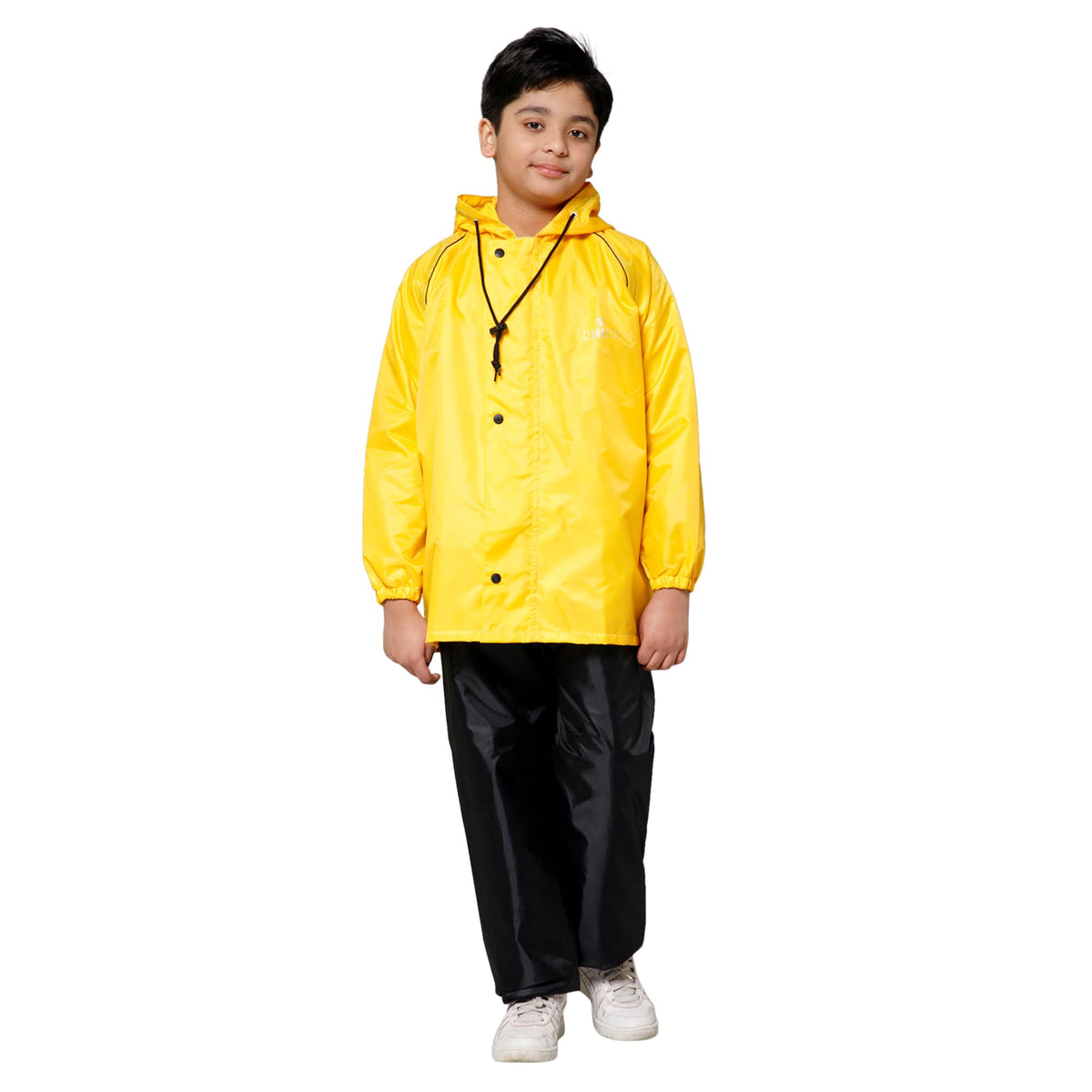 THE CLOWNFISH Duke Series Kids Waterproof Polyester Double Coating Reversible Raincoat with Hood and Reflector Logo at Back. Set of Top and Bottom. Printed Plastic Pouch. Kid Age-14-16 years (Yellow)