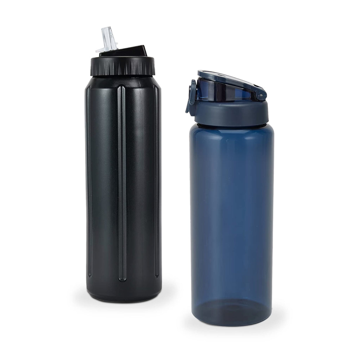 Anko 1L Non-Toxic Plastic Water Bottle with Handle | Flip-Top Spout Lid & Straw | Lightweight & Toxin-Free | Ideal for Gym, Travel, School Bottle | Leak Proof Bottle - Navy and Black| Pack of 2