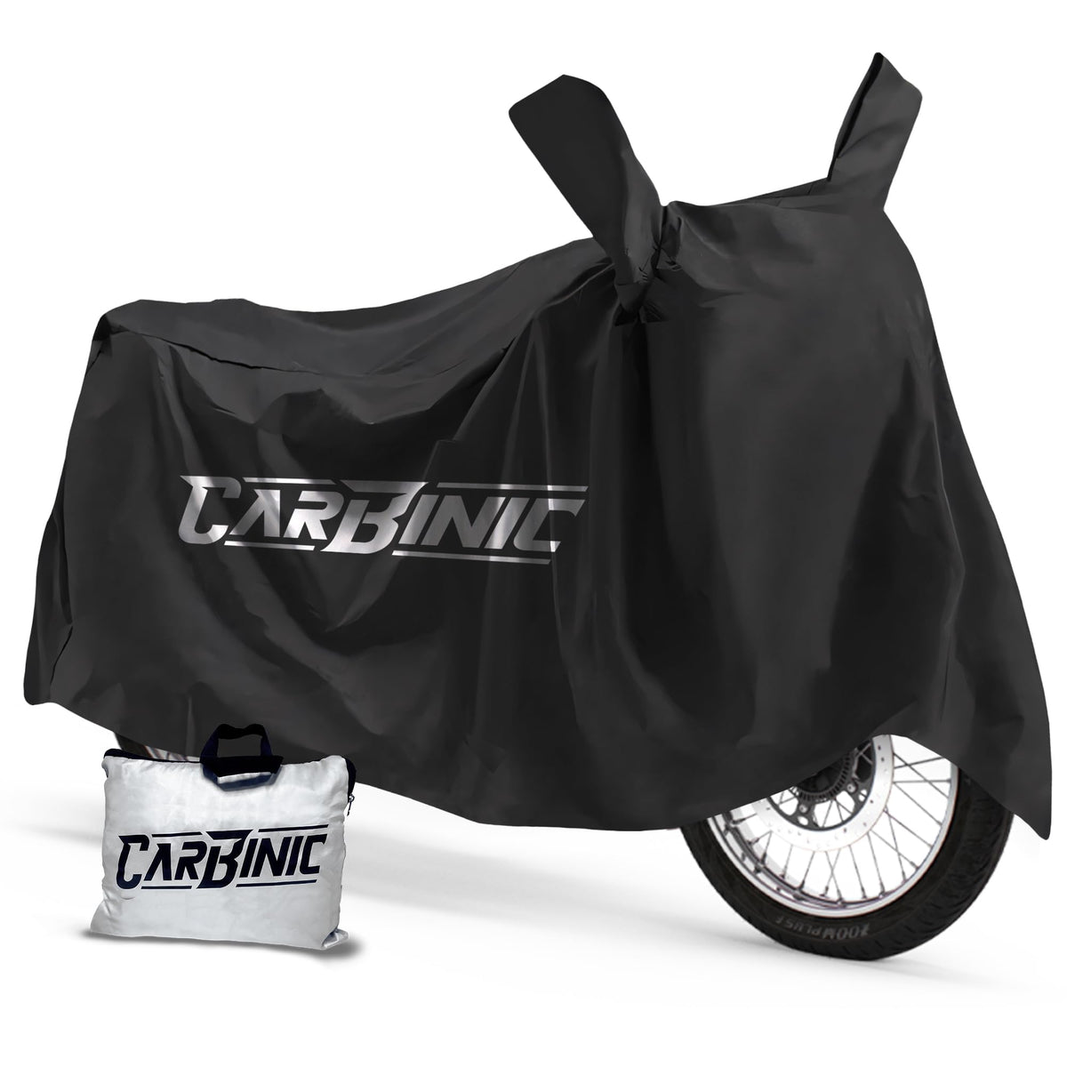 CARBINIC Water Resistant Bike Cover | Enfield Classic Kawaski Ninja KTM Suzuki Benelli | Bullet Two Wheeler Bike Cover | Dustproof Bike Accessories | UV Proof Scratchproof & Mirror Pocket | Black