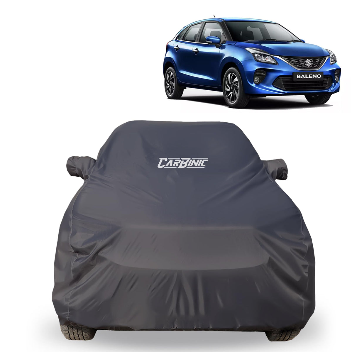 CARBINIC Car Body Cover for Maruti Baleno 2022 | Water Resistant, UV Protection Car Cover | Scratchproof Body Shield | All-Weather Cover | Mirror Pocket & Antenna | Car Accessories Dusk Grey