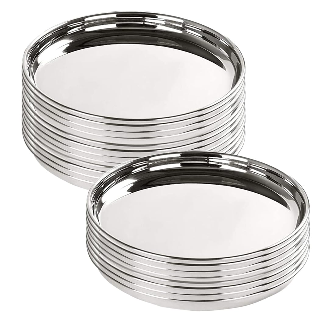 Kuber Industries Stainless Steel Dinner Plates Set of 6 | 29 cm Dia I Heavy Gauge & Deep Base | Mirror Finish | Multi Purpose Steel Thali Set of 6 (Pack of 5)