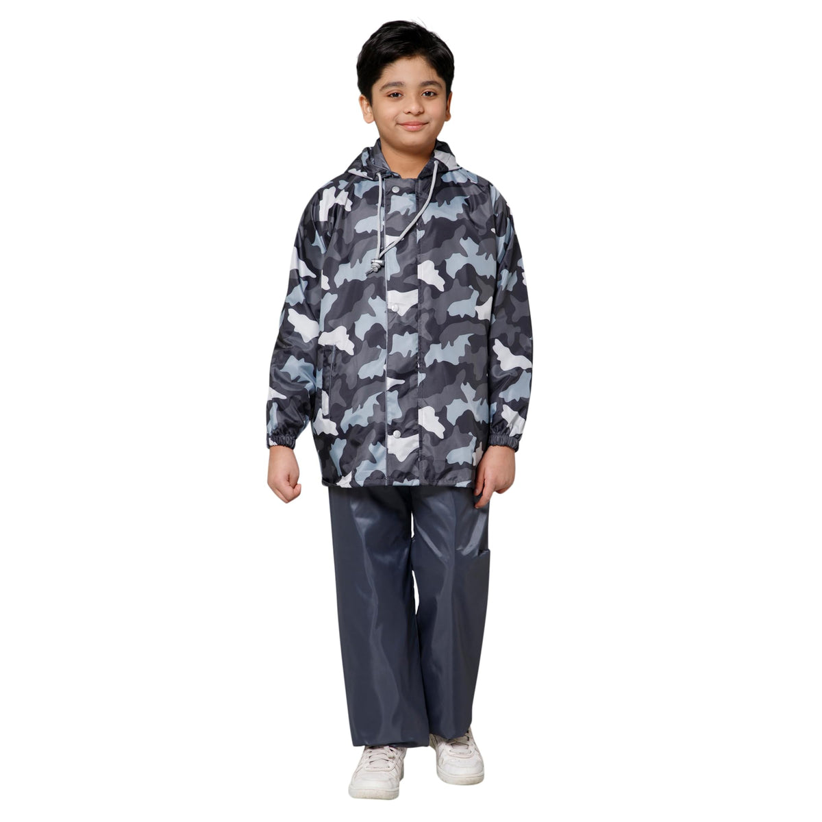 THE CLOWNFISH Comrad Series Kids Waterproof Nylon Double Coating Reversible Raincoat with Hood and Reflector Logo at Back. Set of Top and Bottom. Printed Plastic Pouch. Kid Age-14-16 years(Grey Camo)