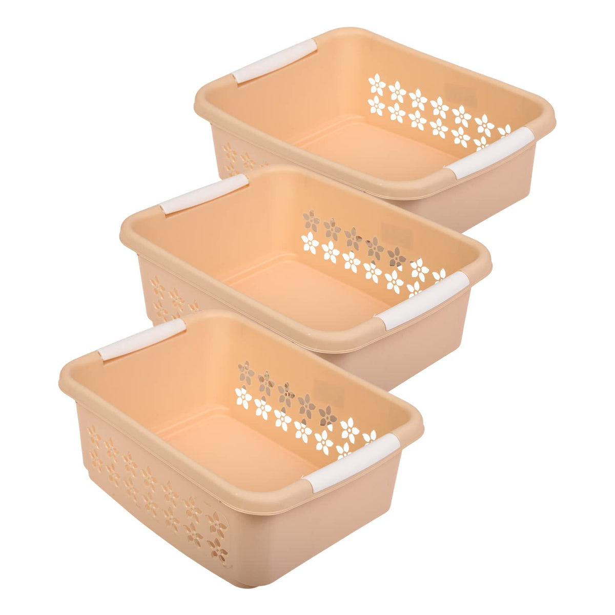 Kuber Industries Multipurpose Rectangle Shape Plastic Storage Basket for Kitchen, Fruit Basket, Office Table, Storage Organizer Small Pack of 3 (Beige)