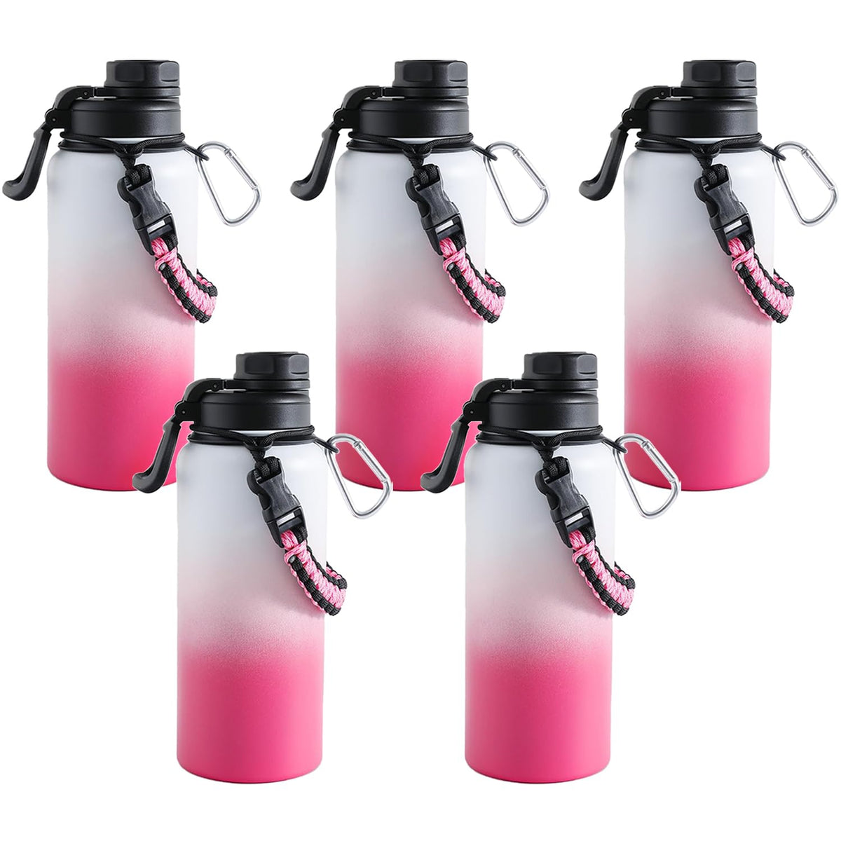 Kuber Industries Water Bottle | Steel Water Bottle for Daily Use | Vacuum Insulated Flask Water Bottle with Rope | Hot & Cold Water Bottle | 960 ML | LX-230610 | Pack of 5 | Pink & White