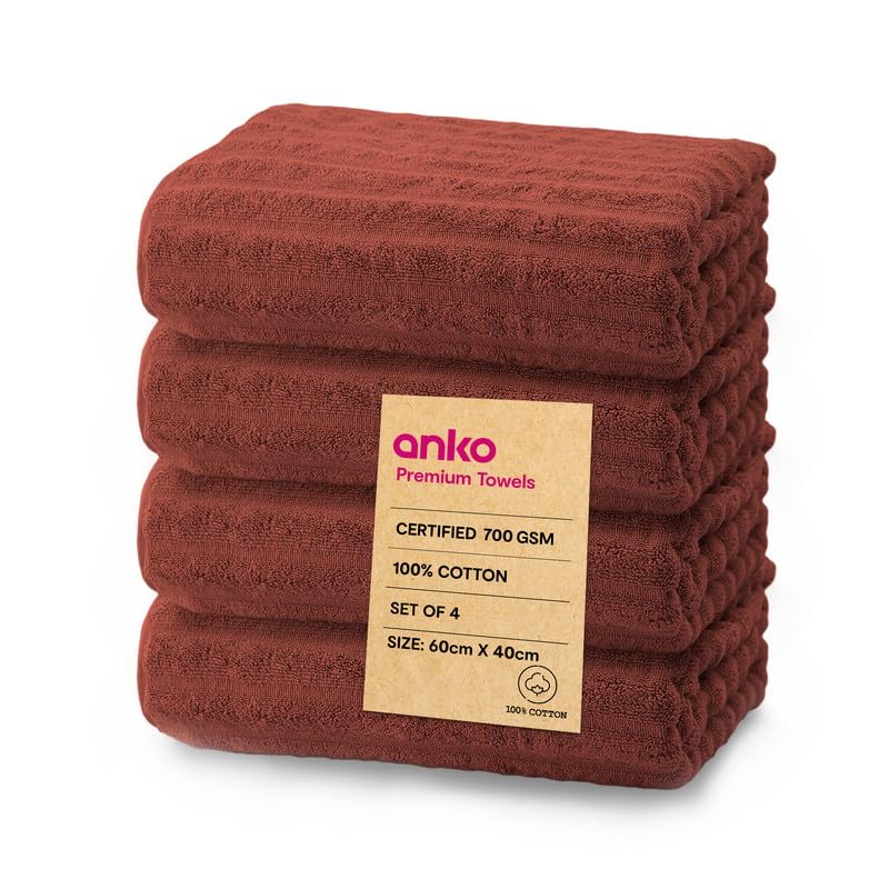 Anko Australia 100% Cotton 700 GSM Ribbed Hand Towel | Set of 4 | Super-Soft, Absorbent, Quick-Drying | Rust Towel for Men, Women & Kids | 60x40 cm |Travel, Gym, Spa Towel