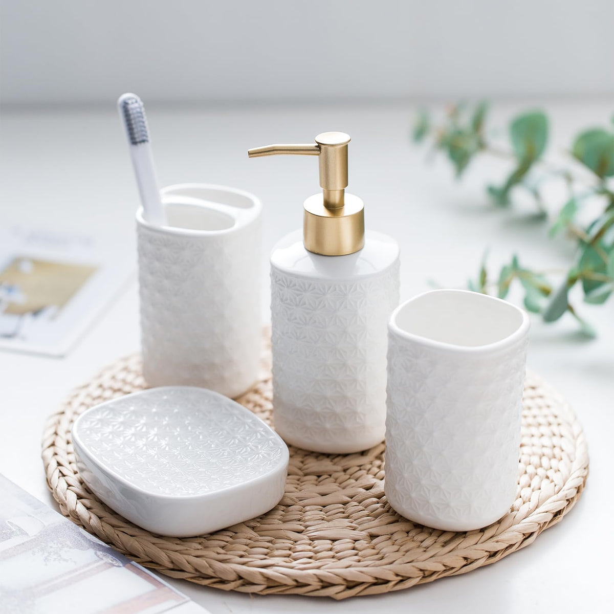 Ekhasa Ceramic Bathroom Accessories Set of 4 | includes Ceramic Liquid Handwash Soap Dispenser, Toothbrush Holder for Wash Basin, Soap Dish, Tumbler | Soap Dispenser Set for Bathroom | Gift for Home