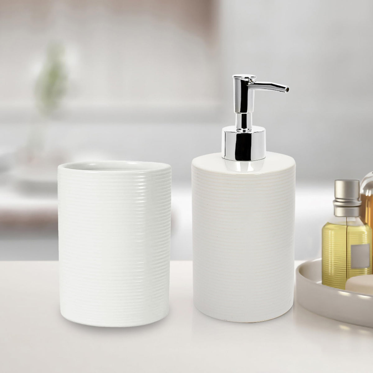 Anko White Ribbed Stoneware Toothbrush Holder (11 x 11 x 4.8 cm) & Liquid Soap Dispenser (350mL) Set for Bathroom | Rust-Proof, Leak-Proof, Easy to Clean | Bathroom Sanitizer, Lotion, White