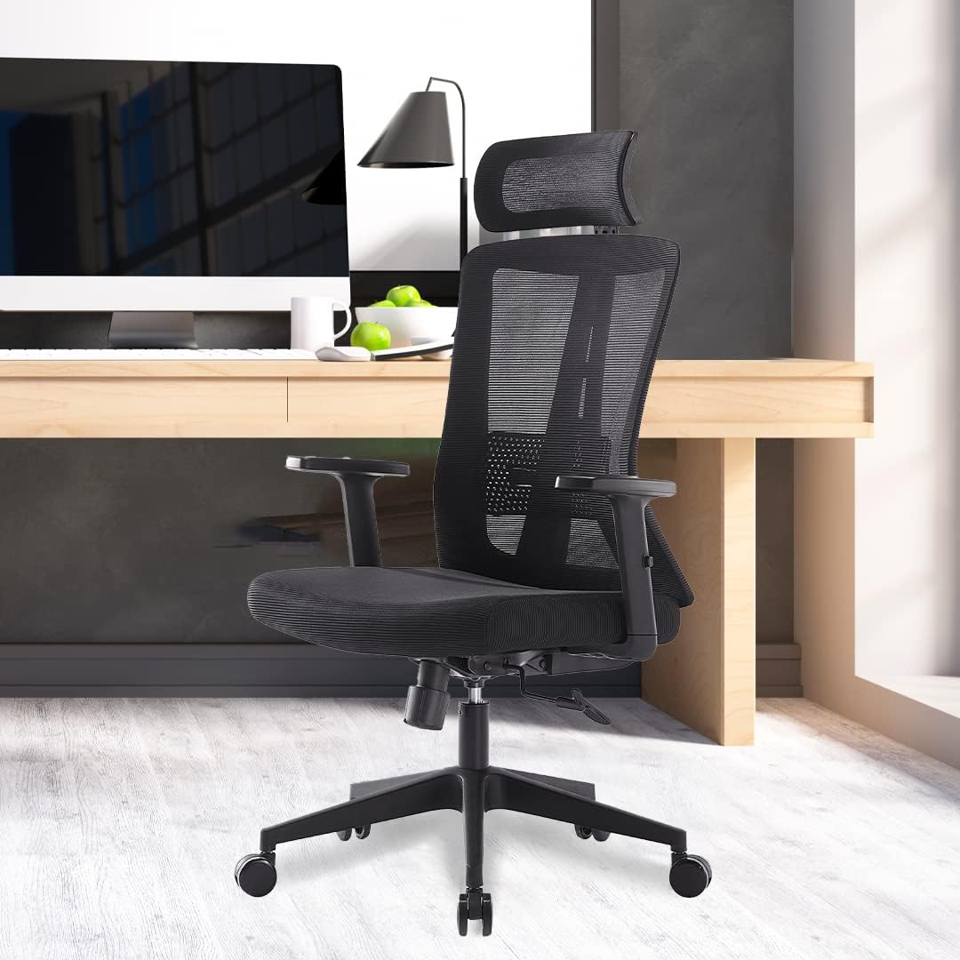 Kuber Industries Ergonomic Office Chairs for Work from Home | Comes with Manual Height Adjustable, Armrest, Headrest & Lumbar Support | Comfy Study Chair for Students with Wheels | Black | 1528A-BLK