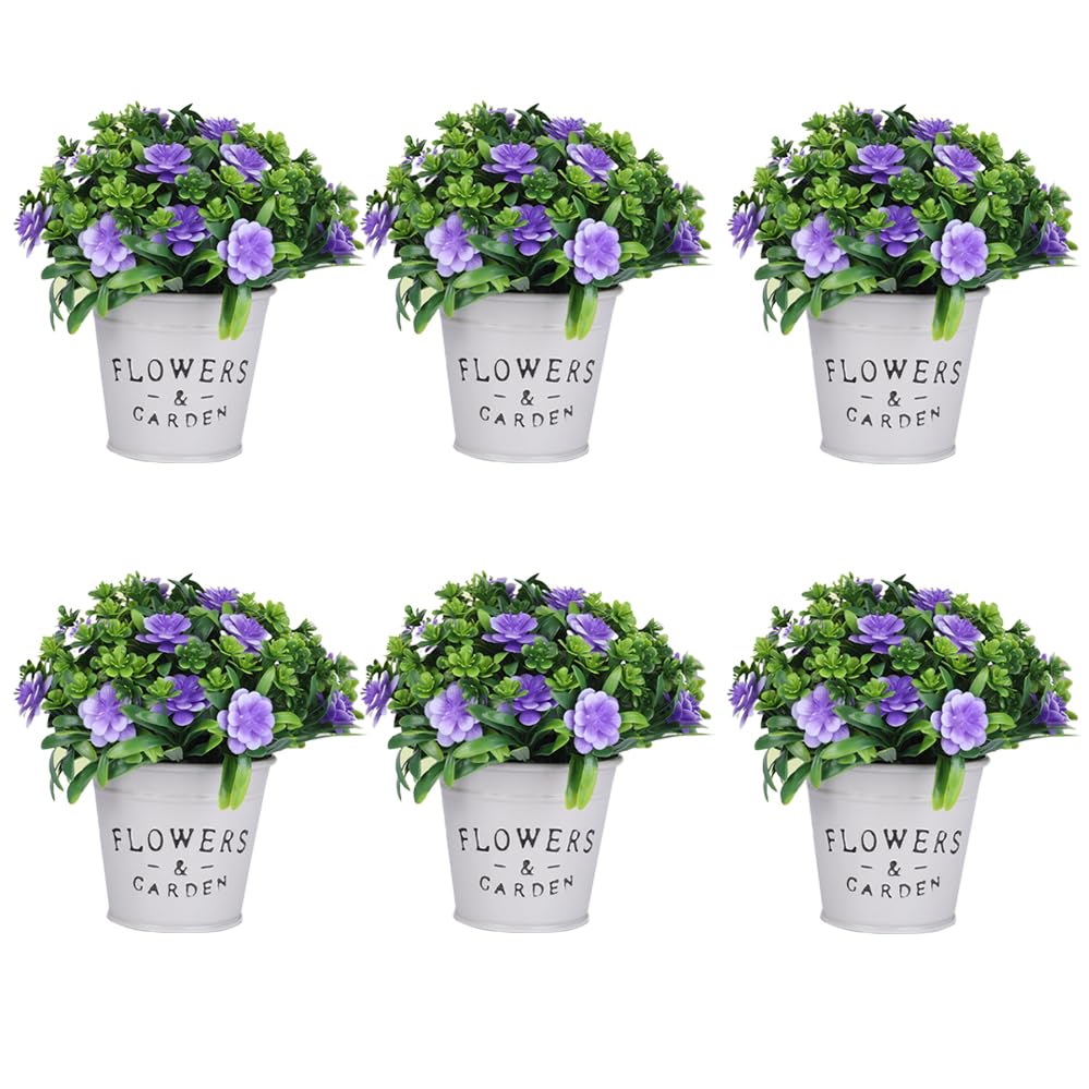 Kuber Industries Artificial Plants for Home Décor|Natural Looking Indoor Fake Plants with Pot|Artificial Flowers for Decoration-Pack of 6 (Lavender)