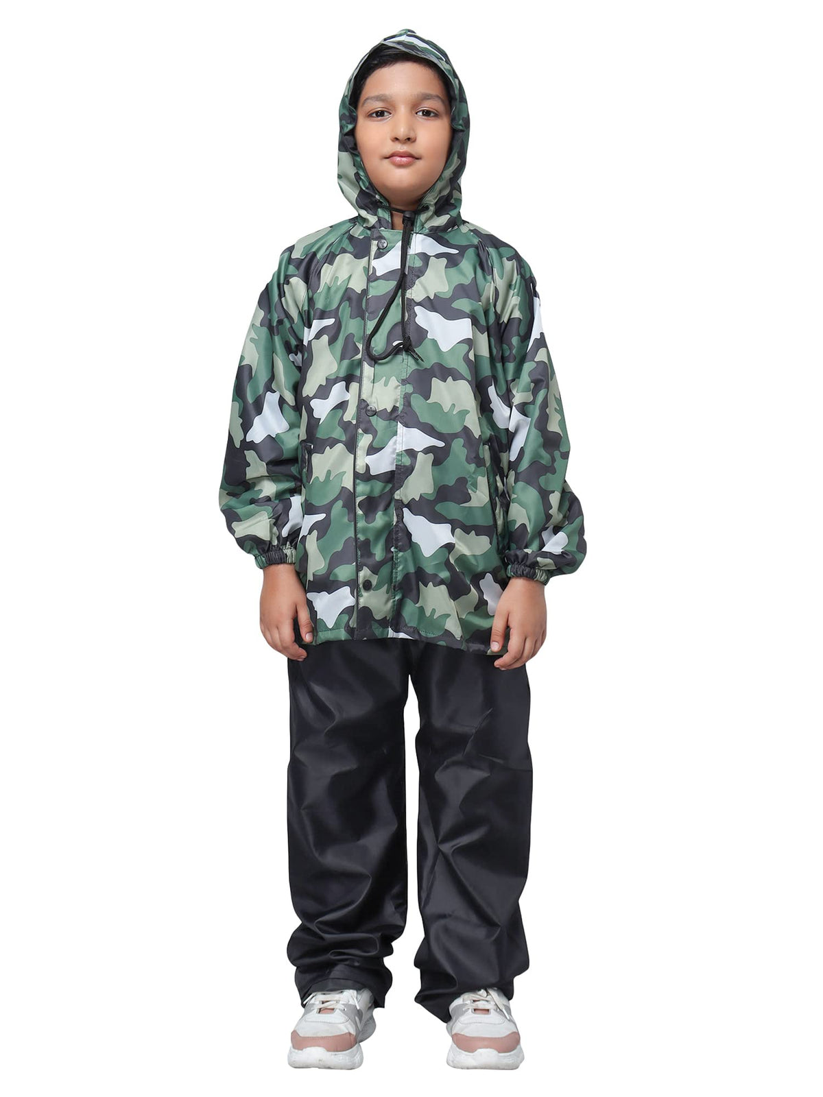 The Clownfish Comrad Series Kids Waterproof Nylon Double Coating Reversible Raincoat with Hood and Reflector Logo at Back. Set of Top and Bottom. Printed Plastic Pouch. Kid Age-14-16 years(Green Camo)