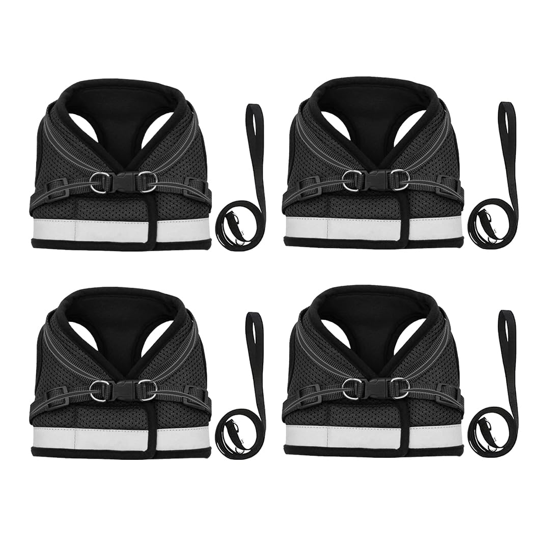 Kuber Industries Reflective Dog Harness With Adjustable Leash|Breathable Polyester Mesh Fabric |XS Size|HT-844|Comfortable No-Pull Grip|Quick Release Buckles|Easy On-Easy Off Harness|Black (Pack Of 4)