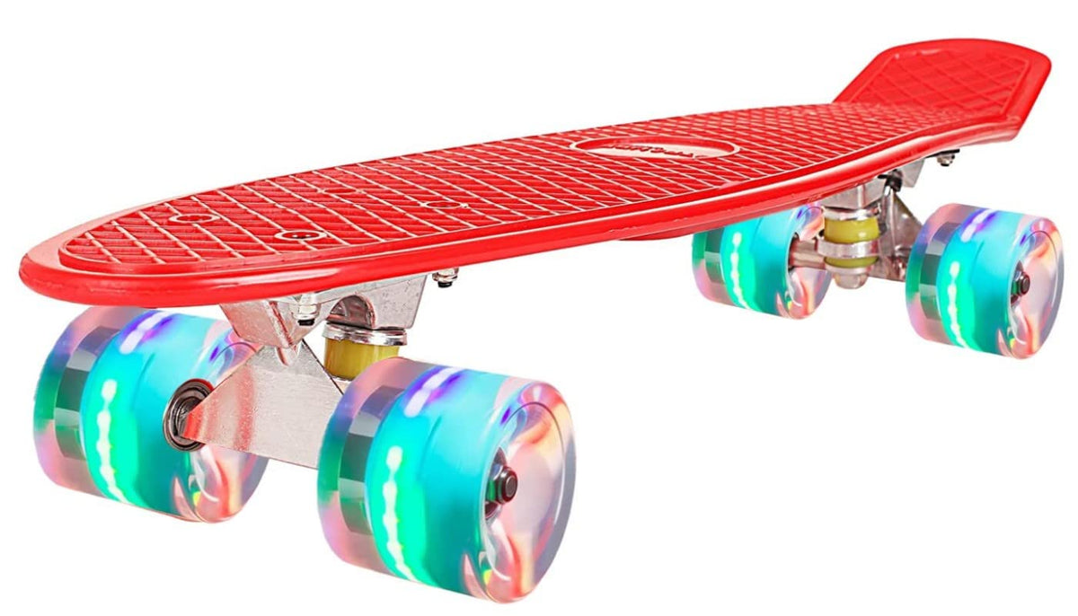 STRAUSS Cruiser PW Skateboard| Penny Skateboard | Casterboard | Anti-Skid Board with ABEC-7 High Precision Bearings | PU Wheel with LED Light |Ideal for 8 Years and Above | 22 X 6 Inch,(Red)