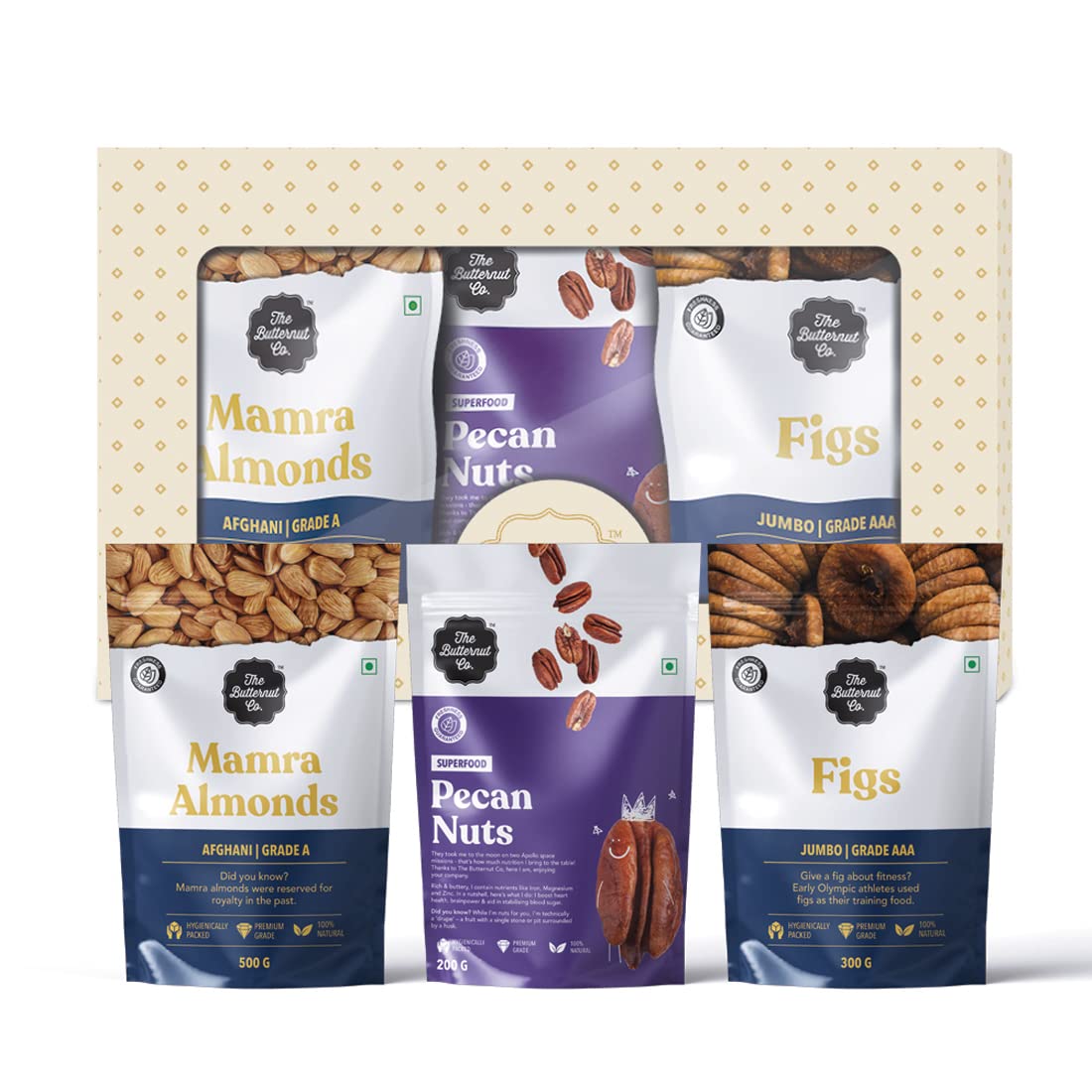 The Butternut Co Dry Fruit Festive Gift Box 1000g, Luxury Box, Mamra Almonds 500g, Pecan Nuts 200g, Figs - Jumbo 300g, Premium Dry Fruits