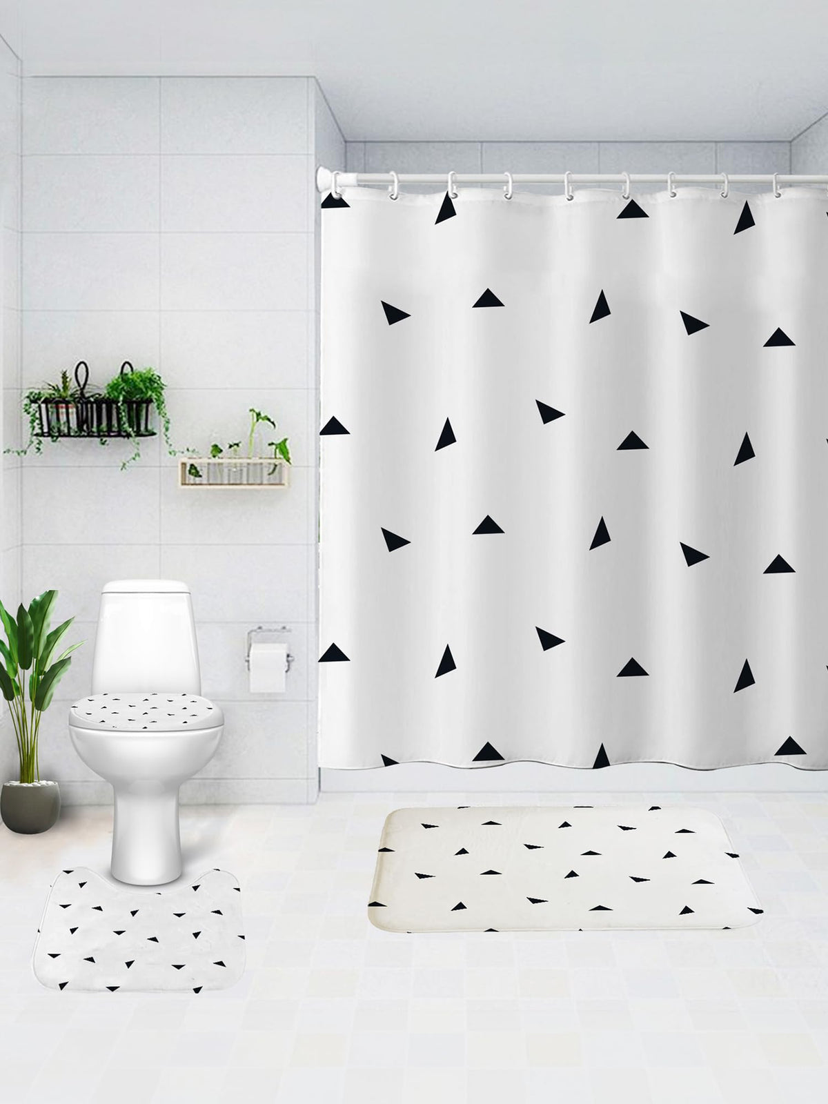 SAVYA HOME Shower Curtain (1) & Bathroom Mat (2) Set, Shower Curtains for Bathroom I, Waterproof Fabric I Anti Skid Mat for Bathroom Floor I Black Triangle, Pack of 3