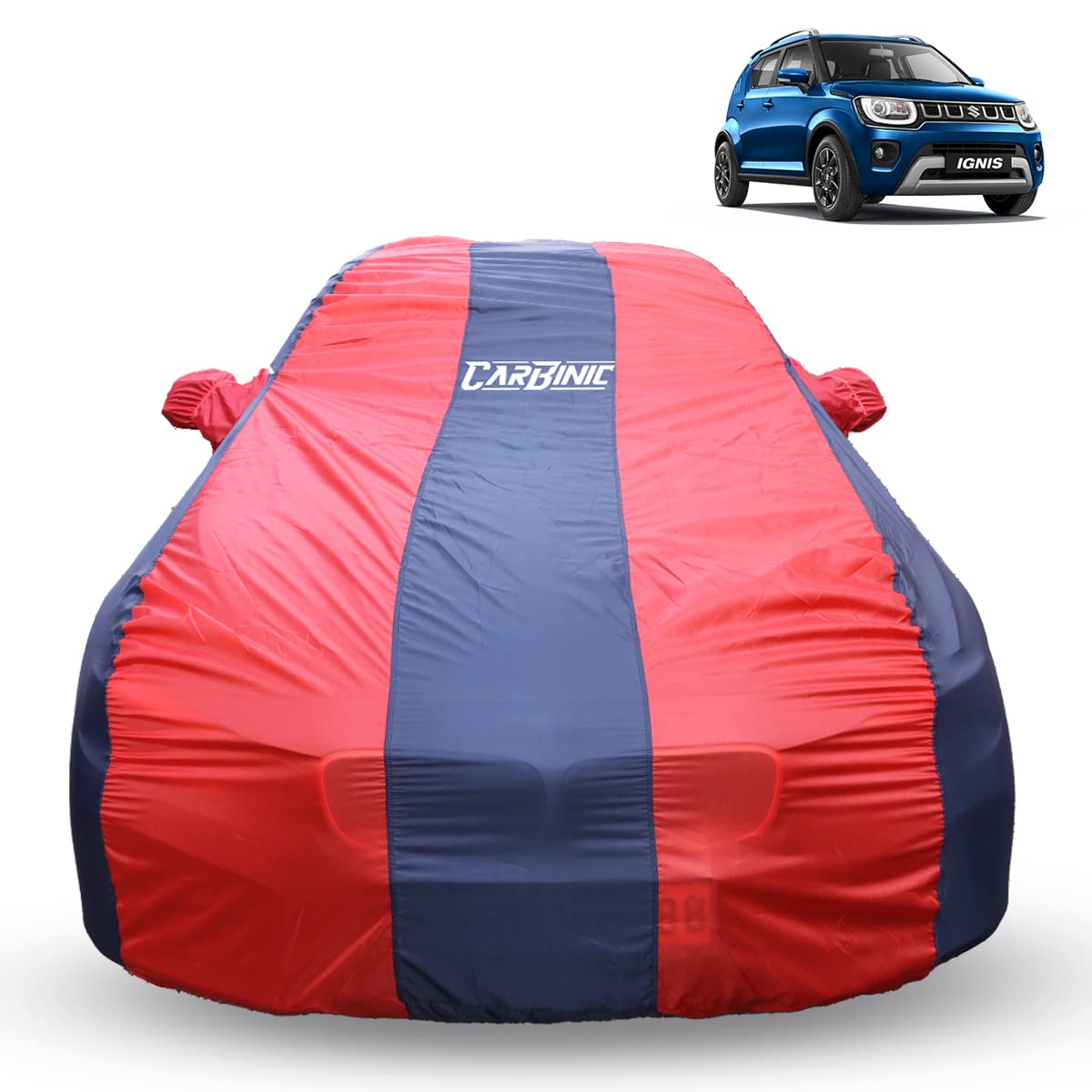 CARBINIC Car Body Cover for Maruti Ignis 2017 | Water Resistant, UV Protection Car Cover | Scratchproof Body Shield | Dustproof All-Weather Cover | Mirror Pocket & Antenna | Car Accessories, Blue Red