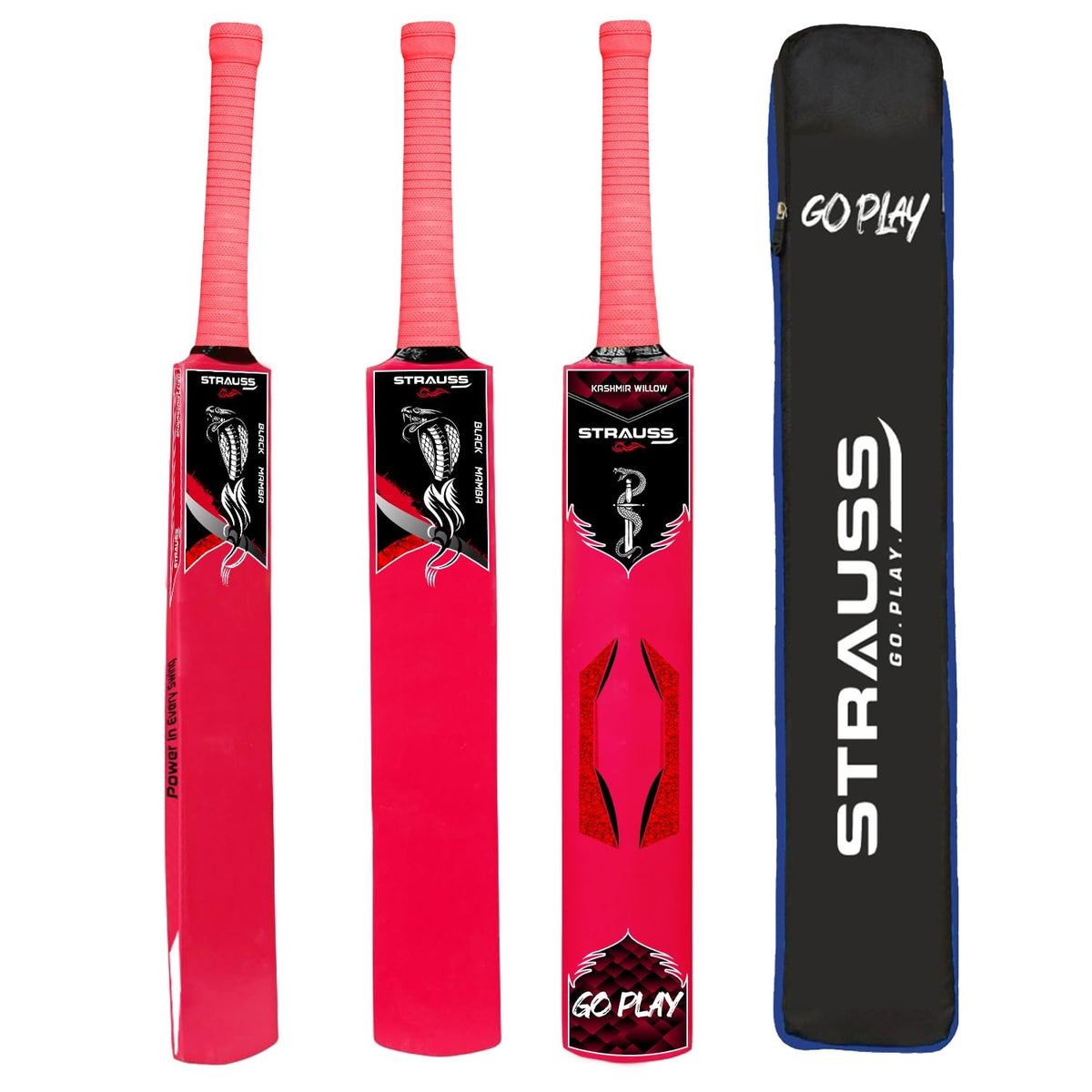 STRAUSS Black Mamba Kashmir Willow Cricket Bat | Size: Short Handle (SH) | Suitable Only for Tennis Ball | Age Group 13+ yrs | for Youth/Adults | Bat Cover | Red | (1050-1200 Grams)