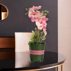 Kuber Industries Artificial Plant | Artificial Orchid Flower with Plastic Pot | Artificial Plant for Home Décor | Plant for Office-Desk-Shelf-Living Room | 12249 | Pink & Green