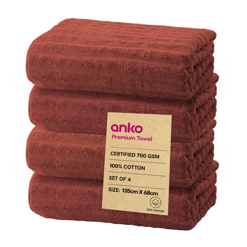 Anko Australia 100% Cotton 700 GSM Large Ribbed Bath Towel | Set of 4 | Super-Soft, Absorbent, Quick-Drying | Rust Towel for Men, Women & Kids | 135x68 cm |Travel, Gym, Spa Towel