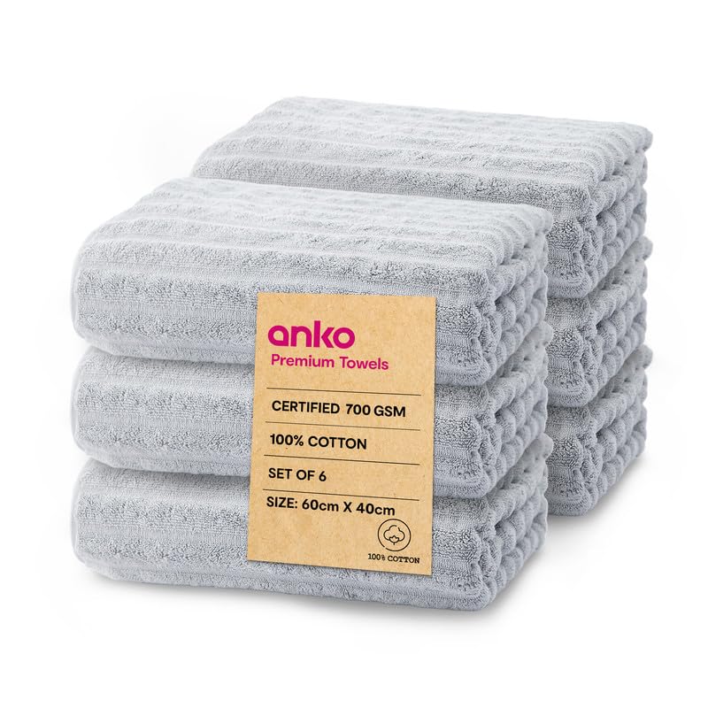 Anko Australia 100% Cotton 700 GSM Ribbed Hand Towel | Set of 6 | Super-Soft, Absorbent, Quick-Drying | Grey Towel for Men, Women & Kids | 60x40 cm |Travel, Gym, Spa Towel