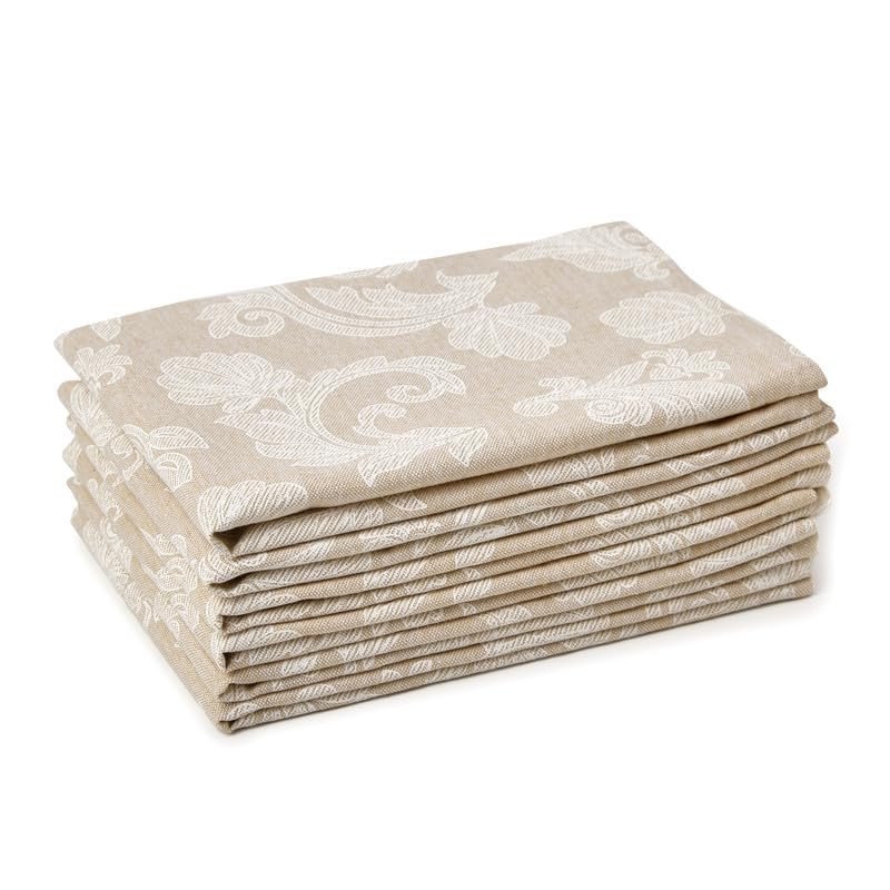 Encasa Dining Table Napkins Set of 6 I Size 45x45 cm I Floral Beige Jacquard Style Print on Homespun Cotton I Fast Colours, Machine Washable