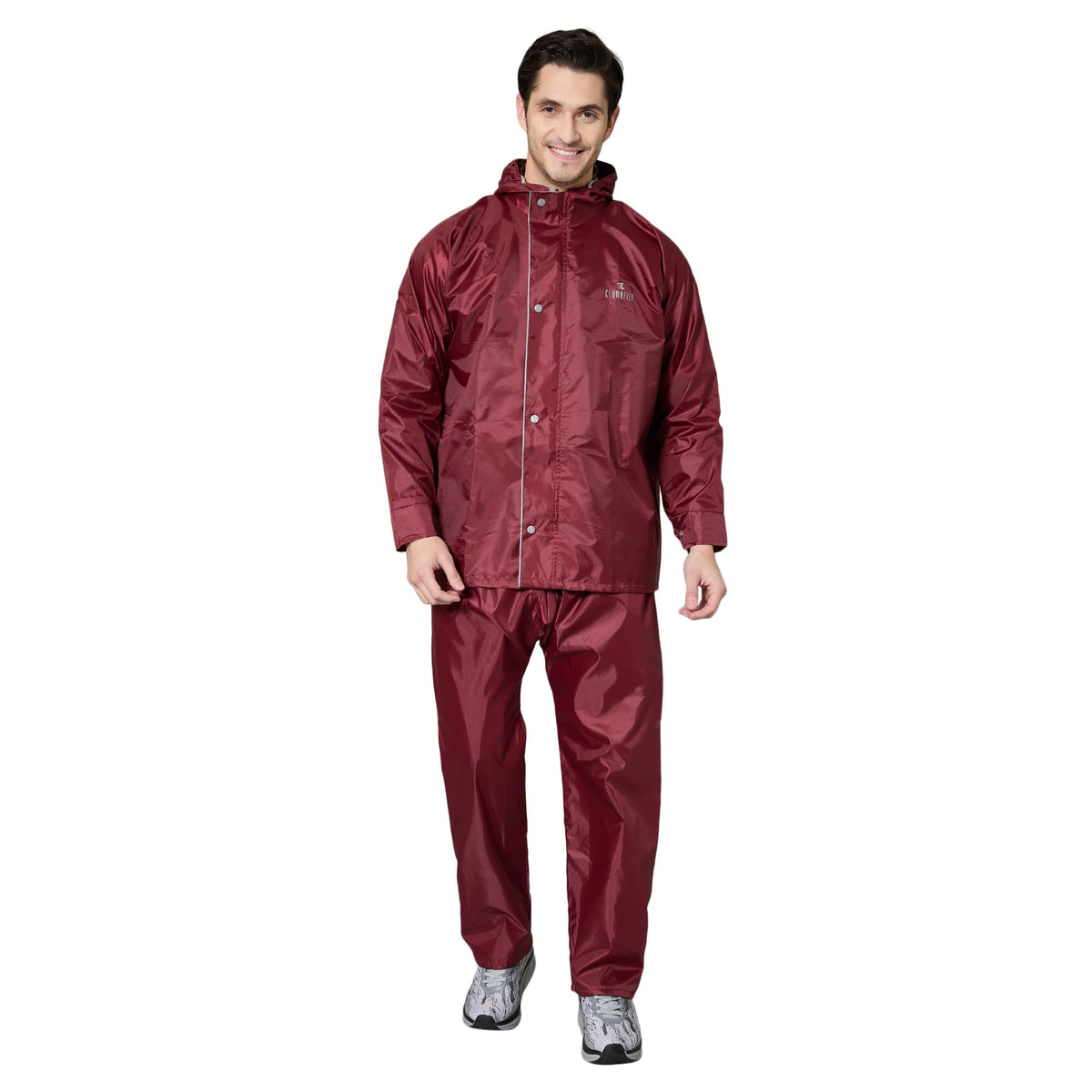 THE CLOWNFISH Rain Coat for Men Waterproof Raincoat with Pants Polyester Reversible Double Layer Rain Coat For Men Bike Rain Suit Rain Jacket Suit Inner Mobile Pocket with Storage Bag (Maroon XXL)