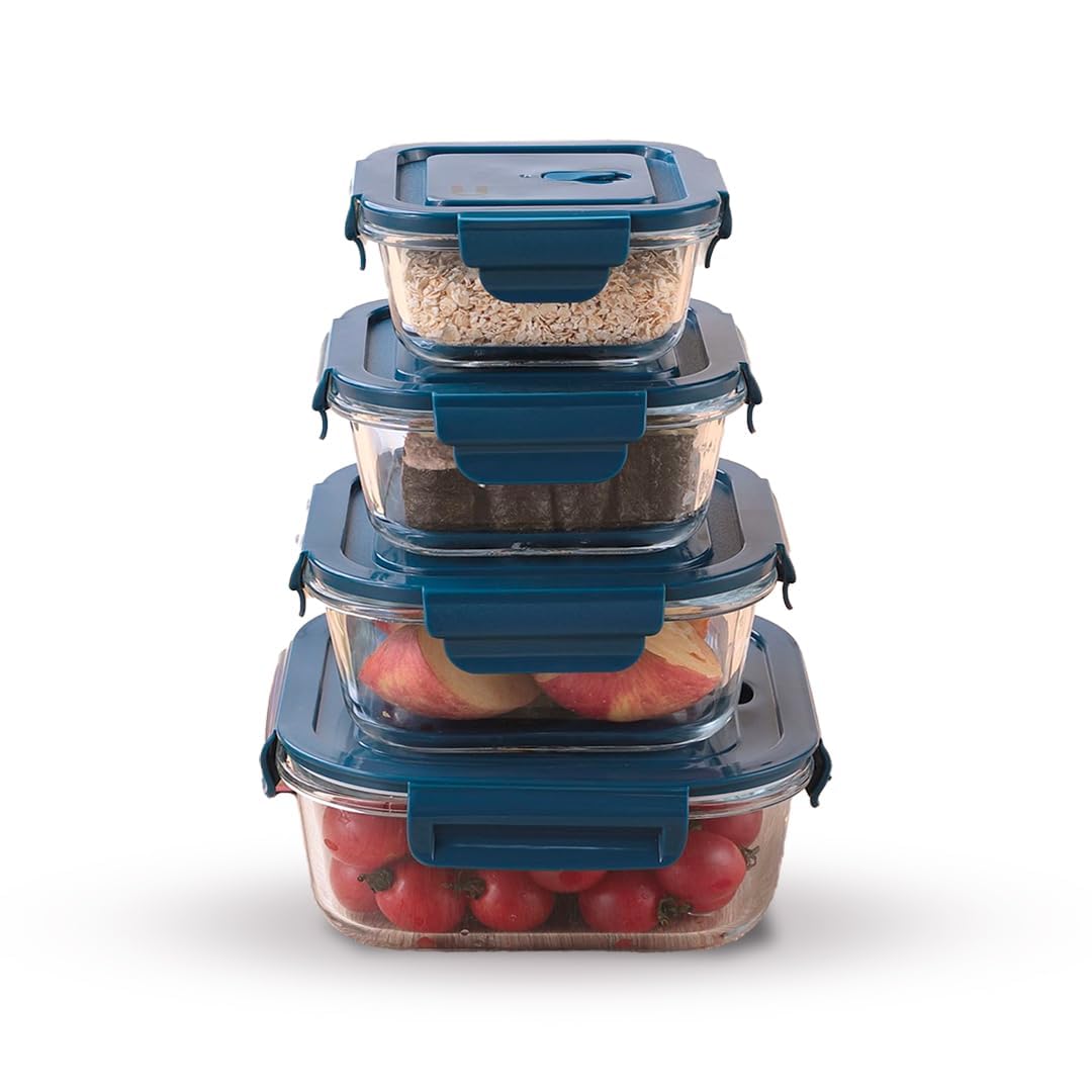 UMAI Borosilicate Glass Containers with Lid - Glass Lunch Box with Air Vent Lid,Airtight Kitchen Containers Set-Microwave Safe, Leak Proof,Set of 4-370ml,520ml,800ml,1100ml (Square)