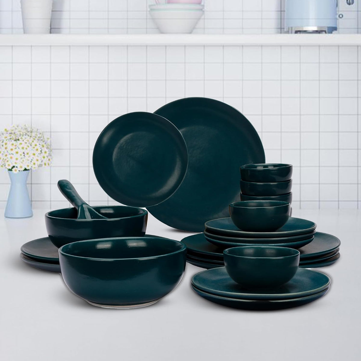 Ekhasa Ceramic Dinner Set (21 pcs, Microwave safe, Chip Resistant, Teal, Damage-Proof Packaging) | Crockery Set Dinner Set | Ceramic Dinner Plates | Stoneware Dinner Set | Porcelain Dinner Set Gift