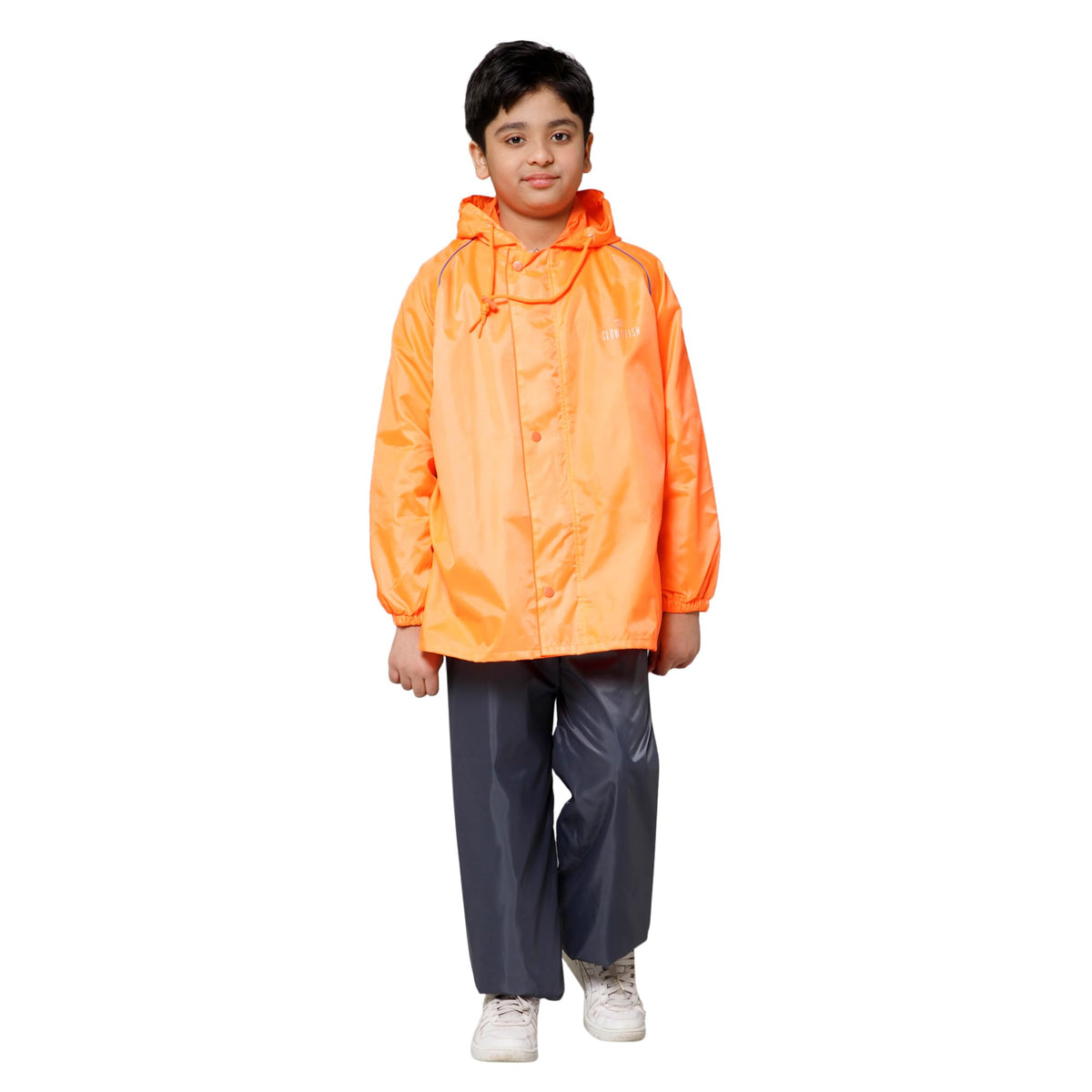 THE CLOWNFISH Duke Series Kids Waterproof Polyester Double Coating Reversible Raincoat with Hood and Reflector Logo at Back. Set of Top and Bottom. Printed Plastic Pouch. Kid Age-14-16 years (Orange)