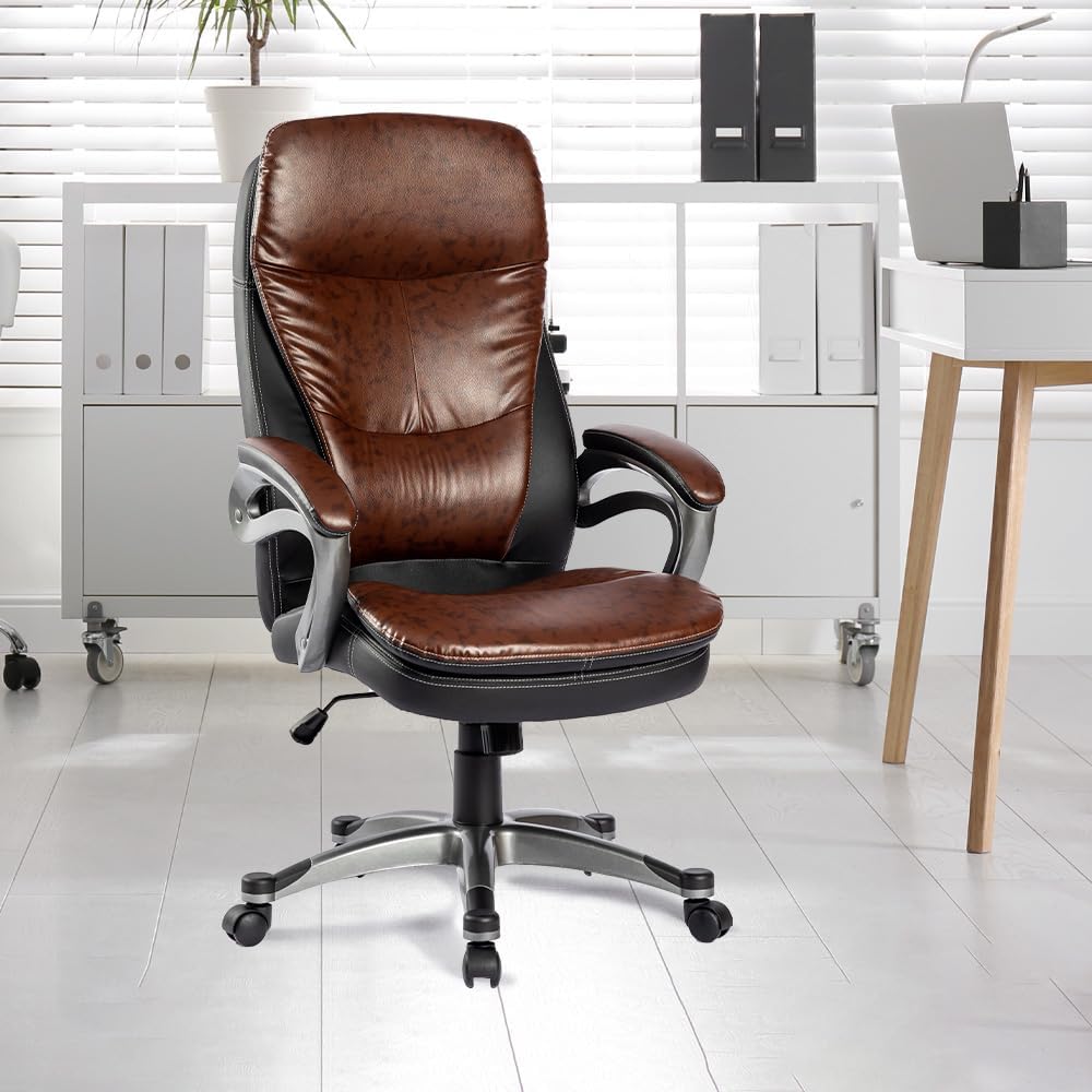 Kuber Industries Leather Office Chairs for Work From Home | Comes with Manual Height Adjustable, Armrest, Headrest & Lumbar Support | Comfy Chair for Students with Wheels | Black & Brown | SAVOC113BRN