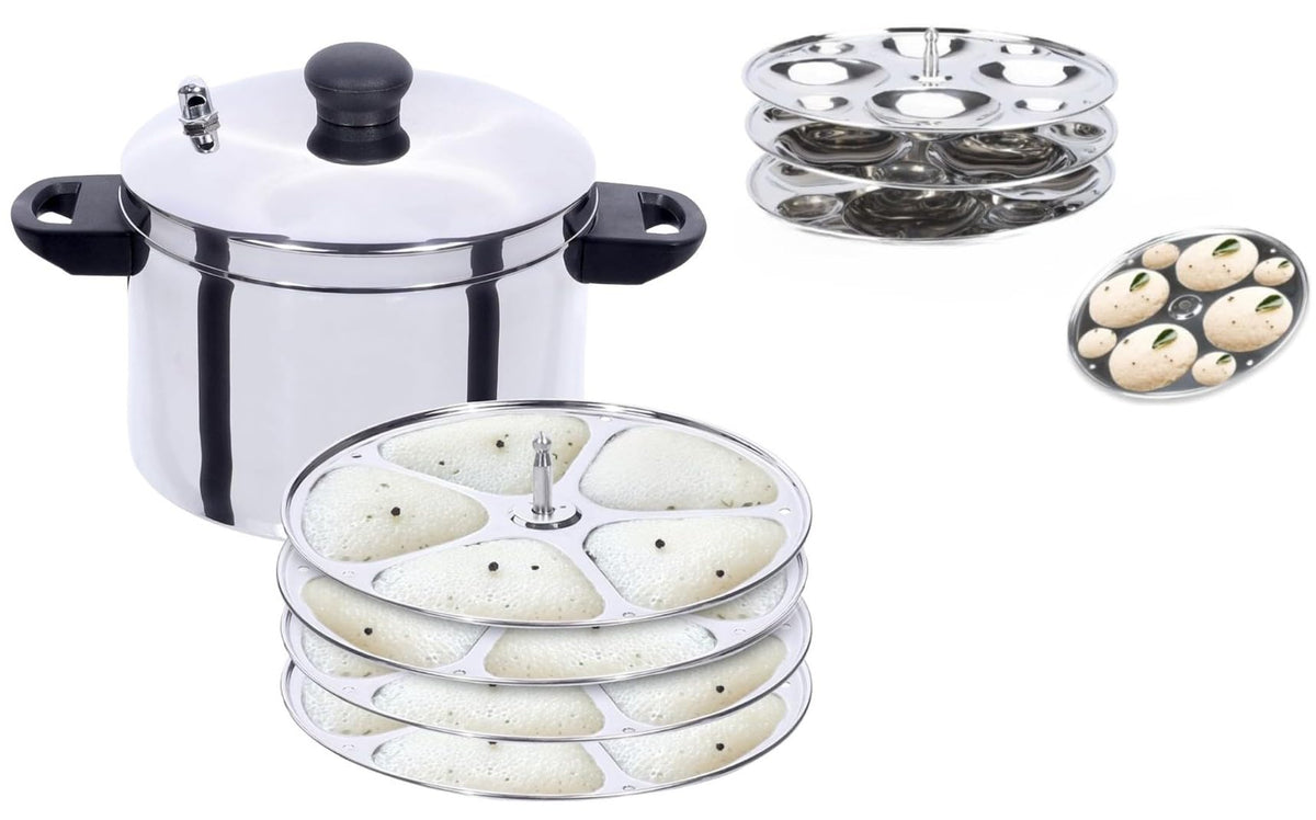 USHA SHRIRAM Idli Maker Stainless Steel | Induction & Gas Friendly | Idli Cooker with Stand | 3 Round Plates (12 idlis and 12 Button Idlis) + 4 Tri Plate (20 idlis)