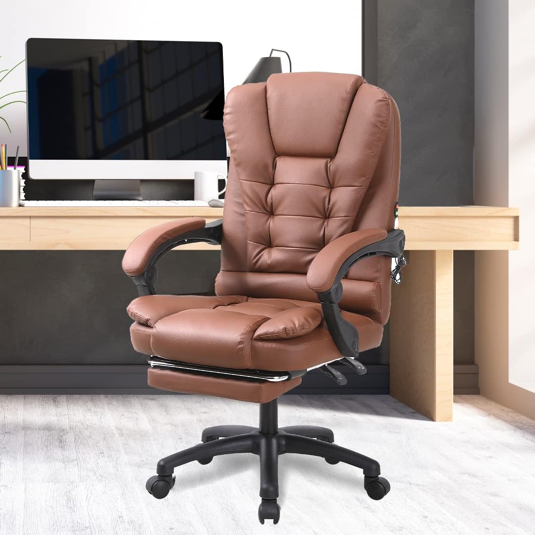 Kuber Industries Leather Office Chairs for Work From Home | Comes with Manual Height Adjustable, Armrest, Headrest & Lumbar Support | Comfy Chair for Students with Wheels & Footrest | Brown | 808M-BRN