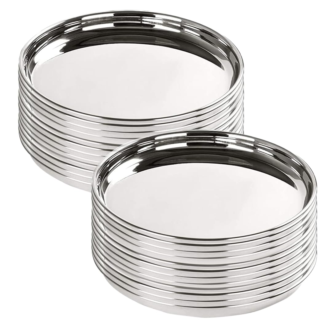 Kuber Industries Stainless Steel Dinner Plates Set of 6 | 29 cm Dia I Heavy Gauge & Deep Base | Mirror Finish | Multi Purpose Steel Thali Set of 6 (Pack of 6)