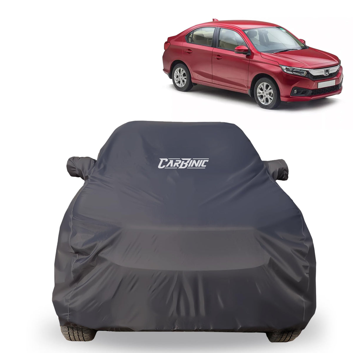 CARBINIC Car Body Cover for Honda Amaze 2018 | Water Resistant, UV Protection Car Cover | Scratchproof Body Shield | All-Weather Cover | Mirror Pocket & Antenna | Car Accessories Dusk Grey