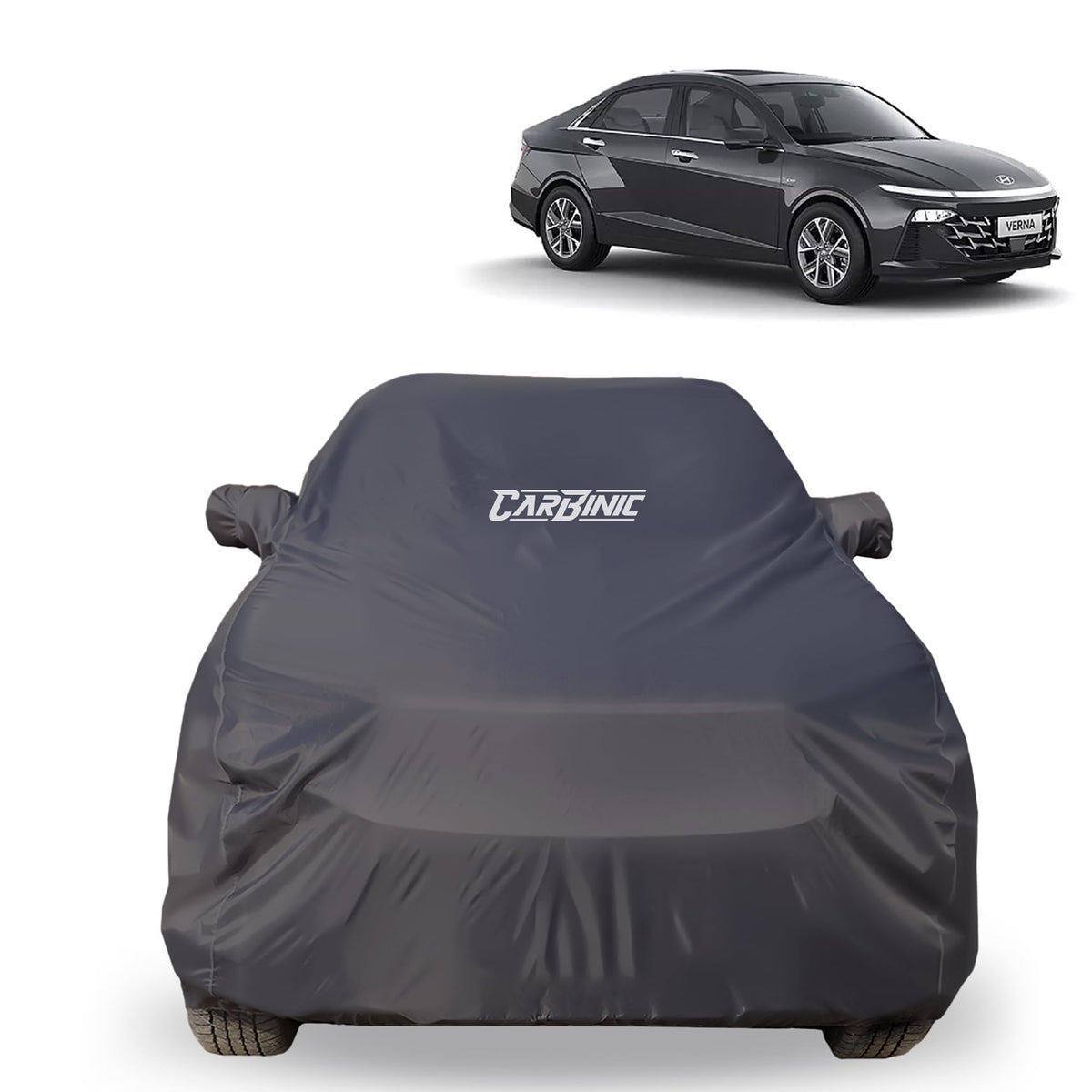 CARBINIC Car Body Cover for Hyundai Verna 2023 | Water Resistant, UV Protection Car Cover | Scratchproof Body Shield | All-Weather Cover | Mirror Pocket & Antenna | Car Accessories Dusk Grey