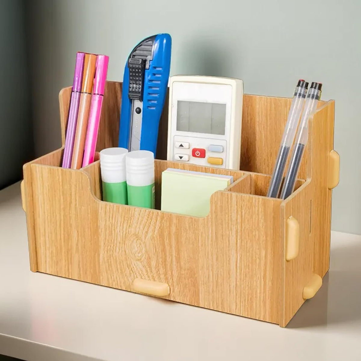 Homestic 4 Compartment Pen Stand for Office | MDF Wood Rack | Aesthetic Stationery Stand For Office Table Accessories | Burlywood | 21.1x9.7x13cm