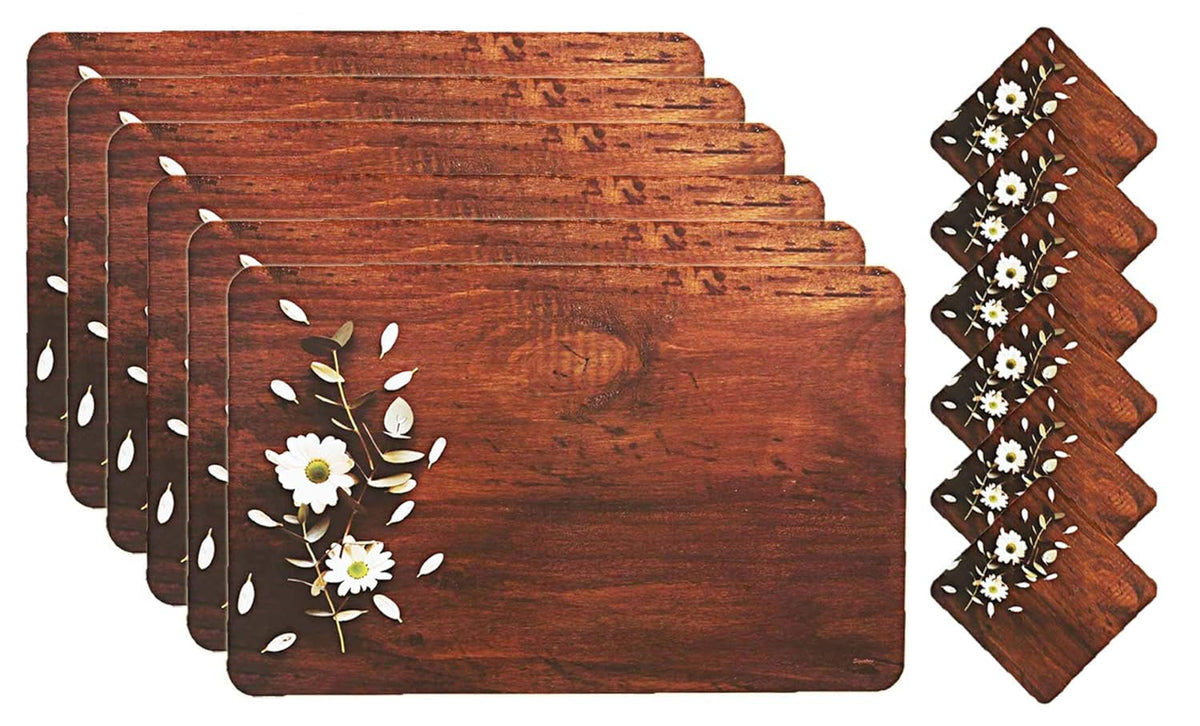 Kuber Industries Wooden Flower Design PVC 6 Piece Dining Table Placemat Set with Tea Coasters (Brown)-CTKTC032179, Standard