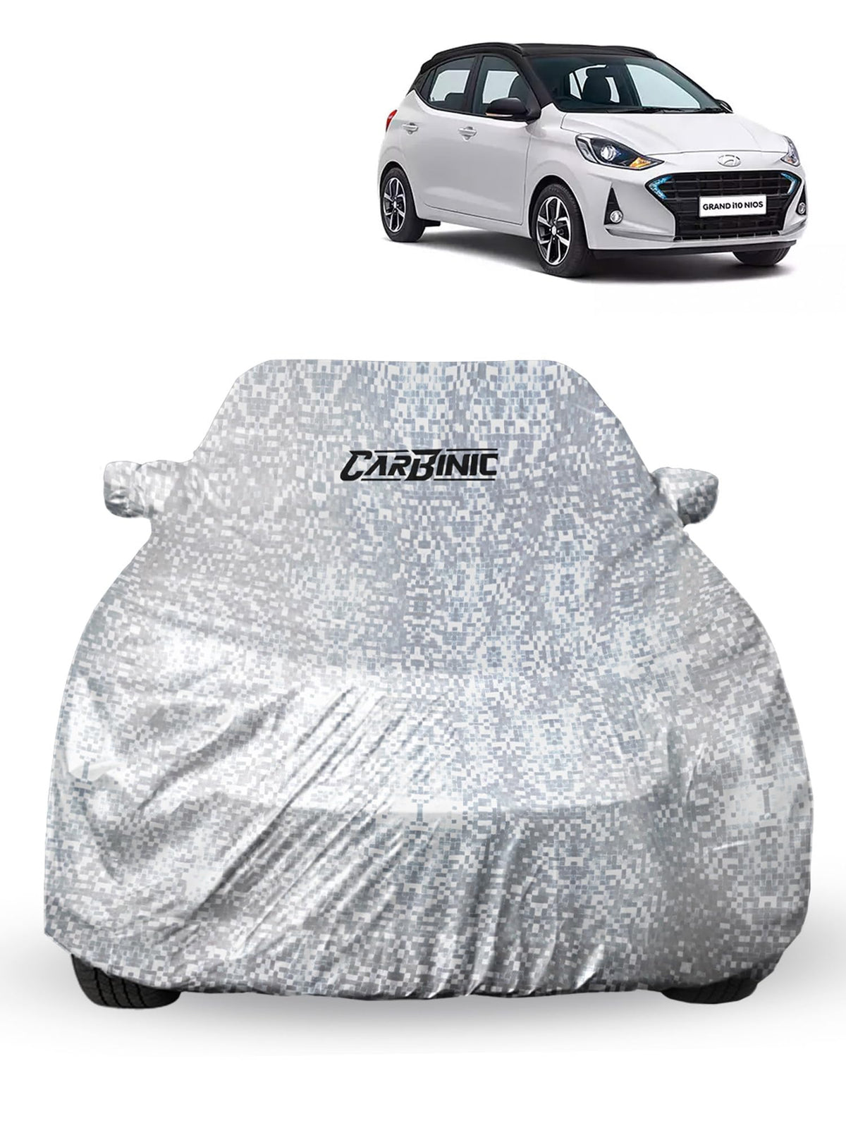 CARBINIC Waterproof Car Body Cover for Hyundai Grand i10 NIOS 2019 | Dustproof, UV Proof Car Cover | Car Accessories | Mirror Pockets & Antenna Triple Stitched | Double Layered Soft Cotton Lining