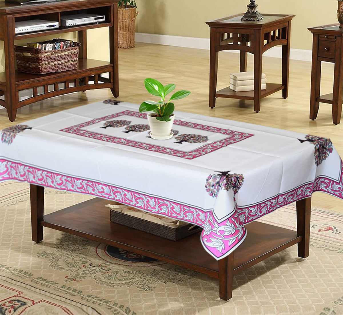 Kuber Industries Floral Print Polyester Center Table Cover/Table Cloth for Home Decorative Luxurious 4 Seater, 60"x40" (Pink) 54KM4261