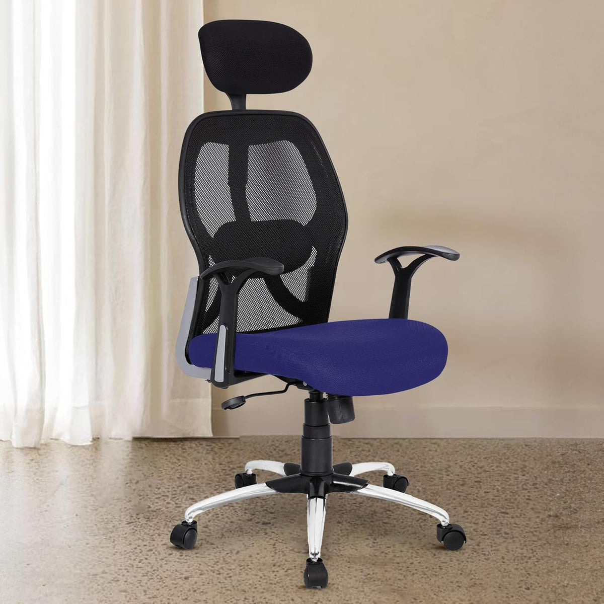 Kuber Industries Ergonomic Office Chairs for Work From Home | Comes with Manual Height Adjustable Armrest, Headrest & 2D Lumbar Support | Comfy Study Chair for Students with Wheels | Black & Blue Seat