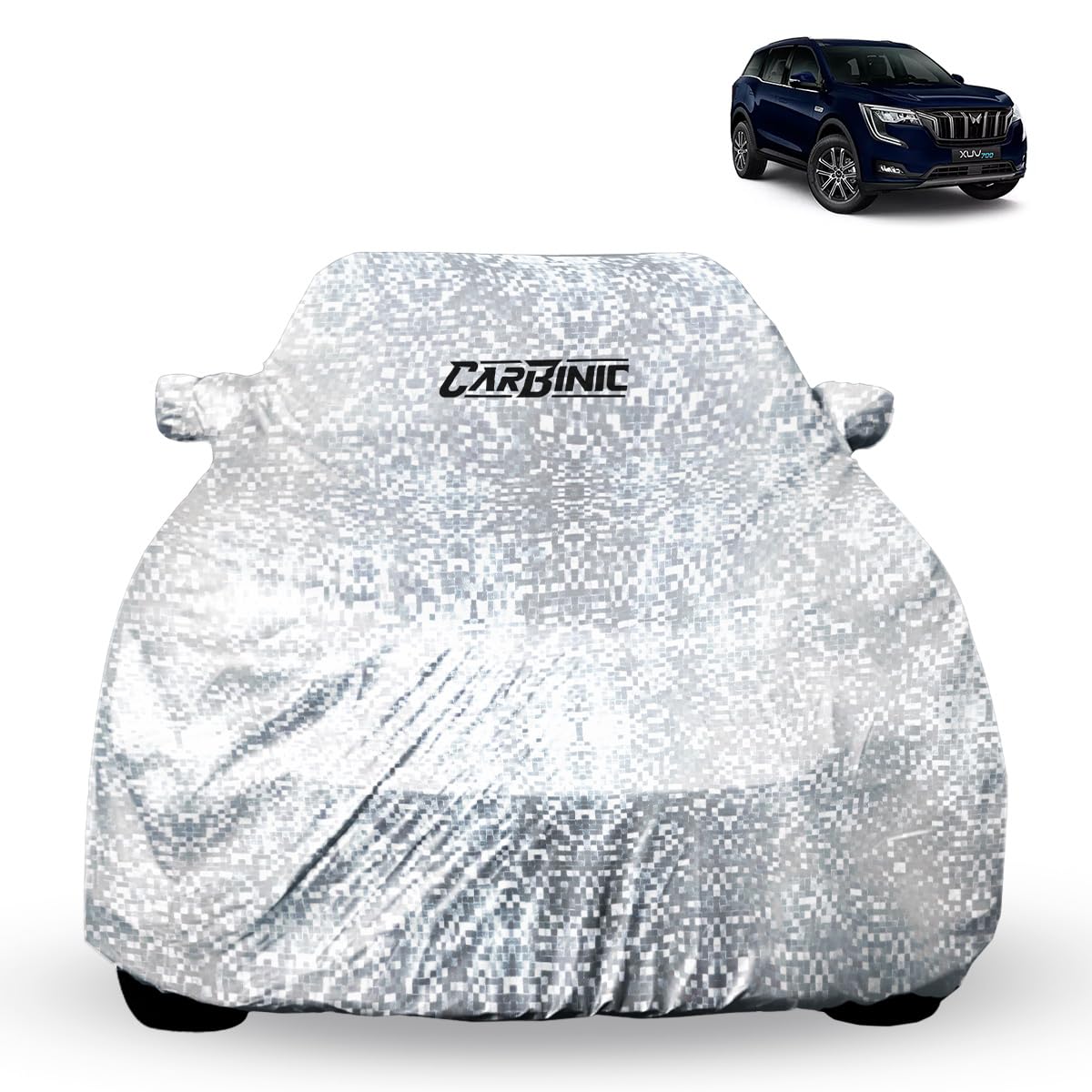 CarBinic Car Cover for Mahindra XUV700 2021 Waterproof (Tested) and Dustproof Custom Fit UV Heat Resistant Outdoor Protection with Triple Stitched Fully Elastic Surface | Silver with Pockets