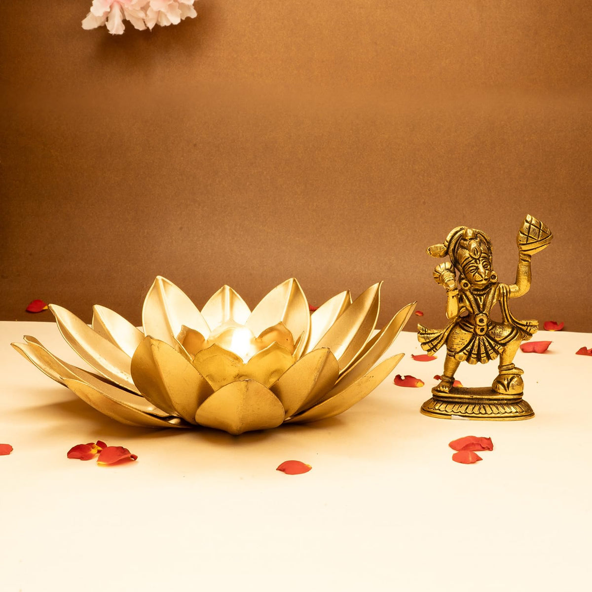 Ekhasa 100% Pure Brass Hanuman Ji Murti and Tealight Candle Holder for Home Puja (Size: 8.4 cm) | Lord Hanuman Idol for Desk, Car and Home Decor | Bajrangbali Murti | Bahubali Hanuman Idol (Combo Set)