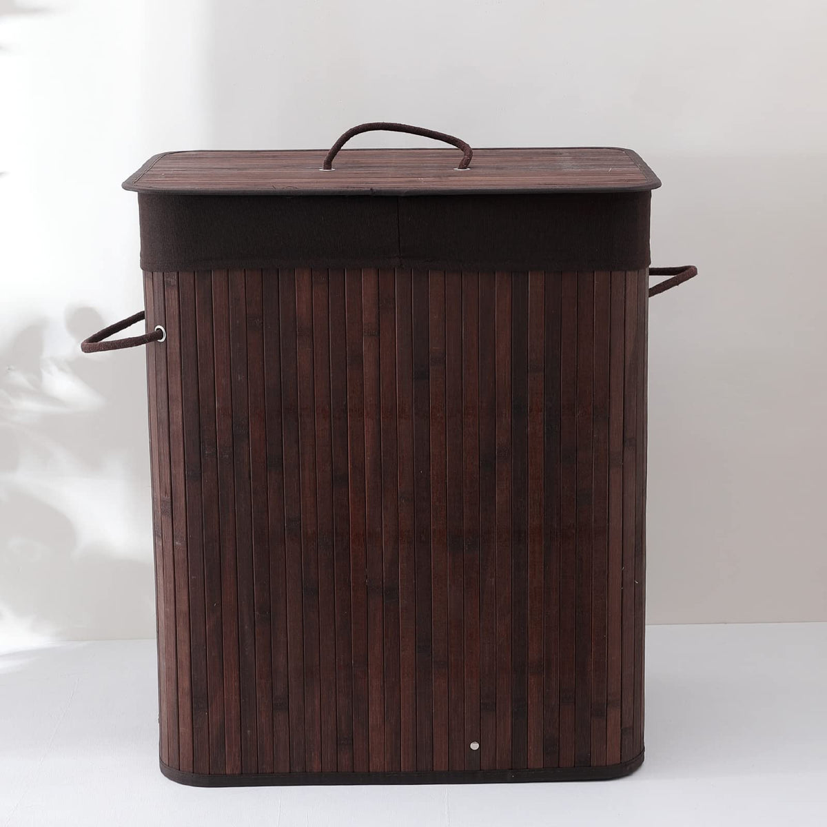 Kuber Industries Bamboo Basket With Lid|Foldable Laundry Basket For Clothes|Durable Rope Handles & Removable Bag (Dark Brown) (Pack Of 1)