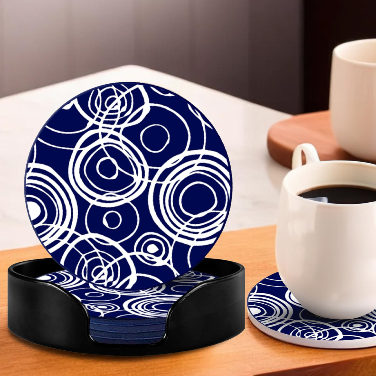 UMAI Silicone Coaster Set of 6 (Dia- 10cm) with Plastic Holder Dining Table Decor Accessories | Glasses Coffee Mugs Tea Coaster | Unique Design | Office Home Table Top Coasters (Navy White)