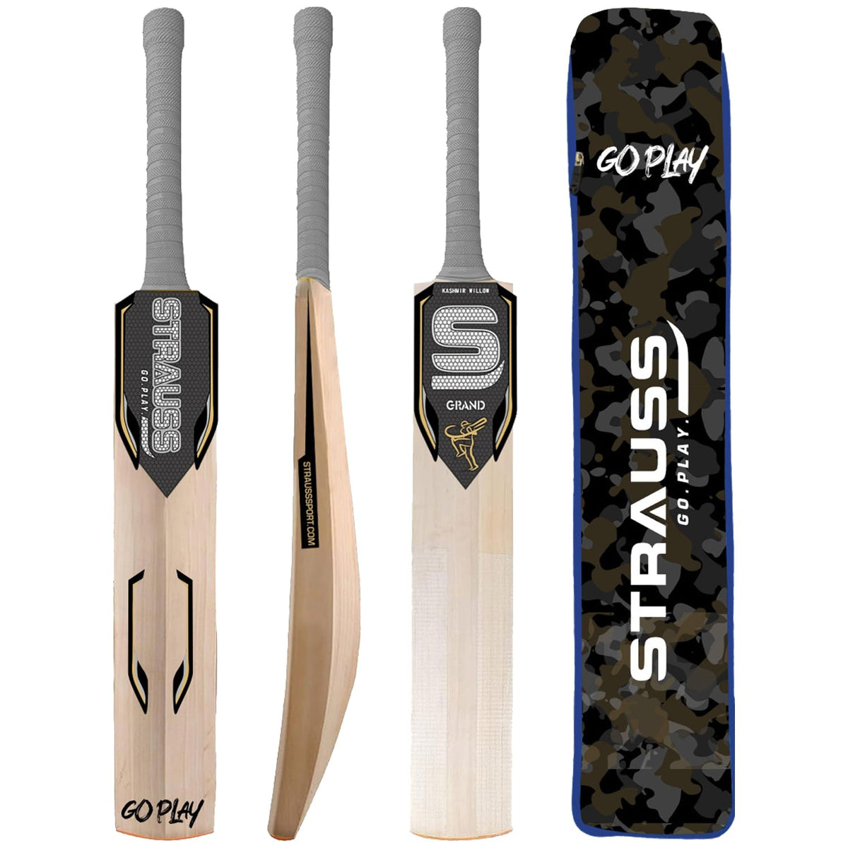 STRAUSS Grand Kashmir Willow Cricket Bat | Size: Short Handle(SH) | Suitable for Leather Ball | Grey | Ideal for Boys/Girls/Youth/Adults (1050-1200 Grams)