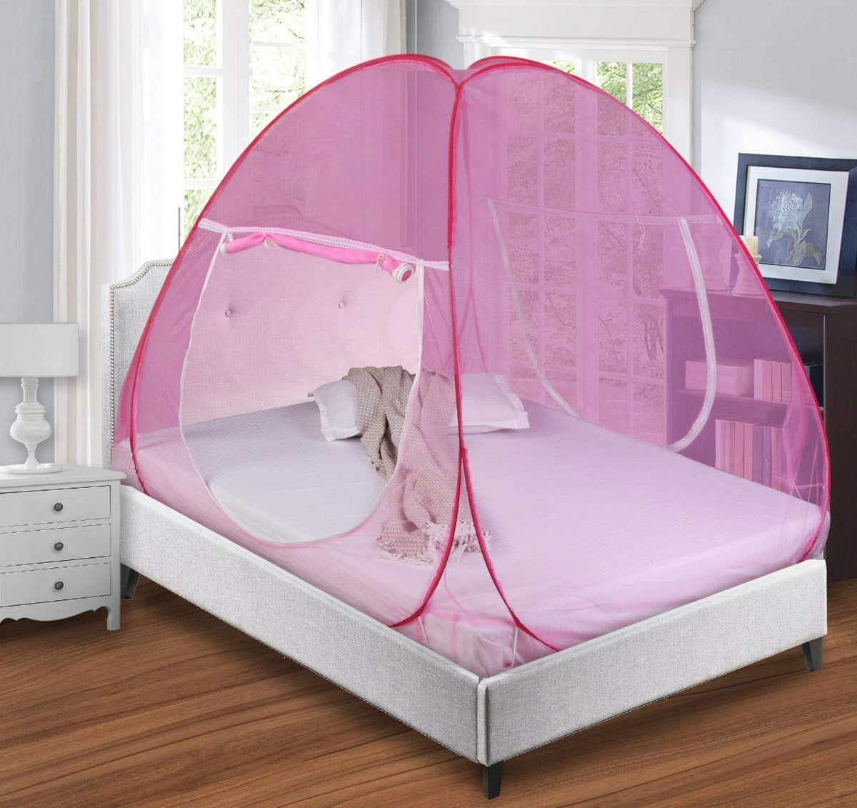 Kuber Industries Mosquito Net for Double Bed|Easily Foldable Machardani|Nylon Strong Net|King Queen Size & Corrosion Resistant|Size 200 x 200 x 145 CM (Pink)