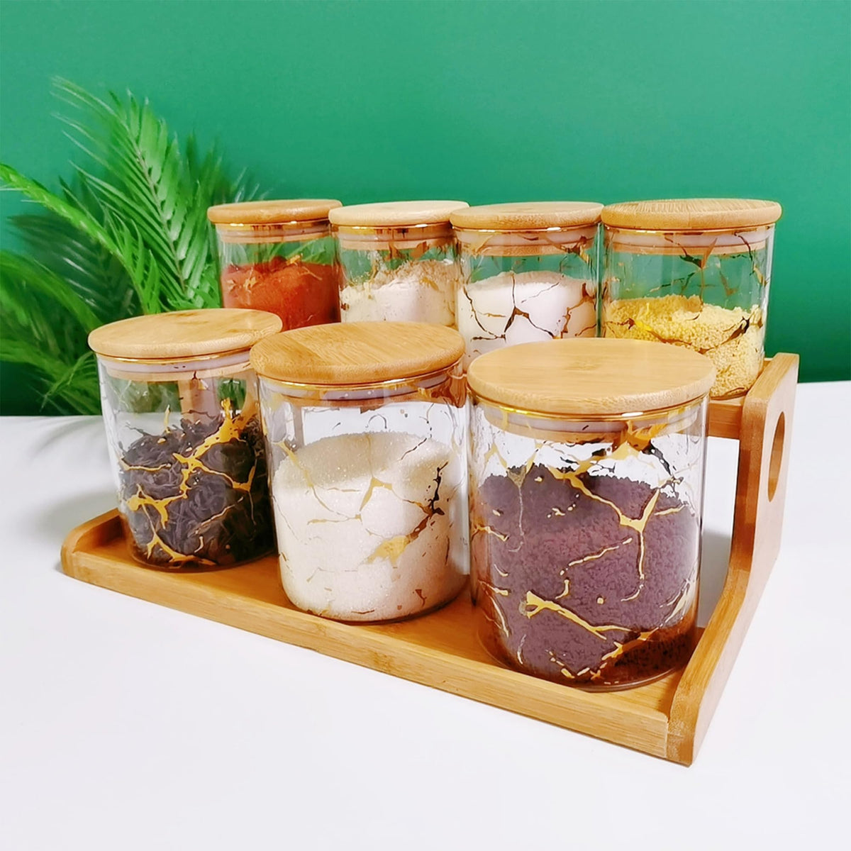 UMAI Pack of 7 Kitchen Organizer Borosilicate Jars with Bamboo Lid & Tray | 4 Pcs 350 ml & 3 Pcs 850 ml | Glass Jars for Cookies, Spices, Snacks, Tea, Coffee, Sugar | BPA Free | White