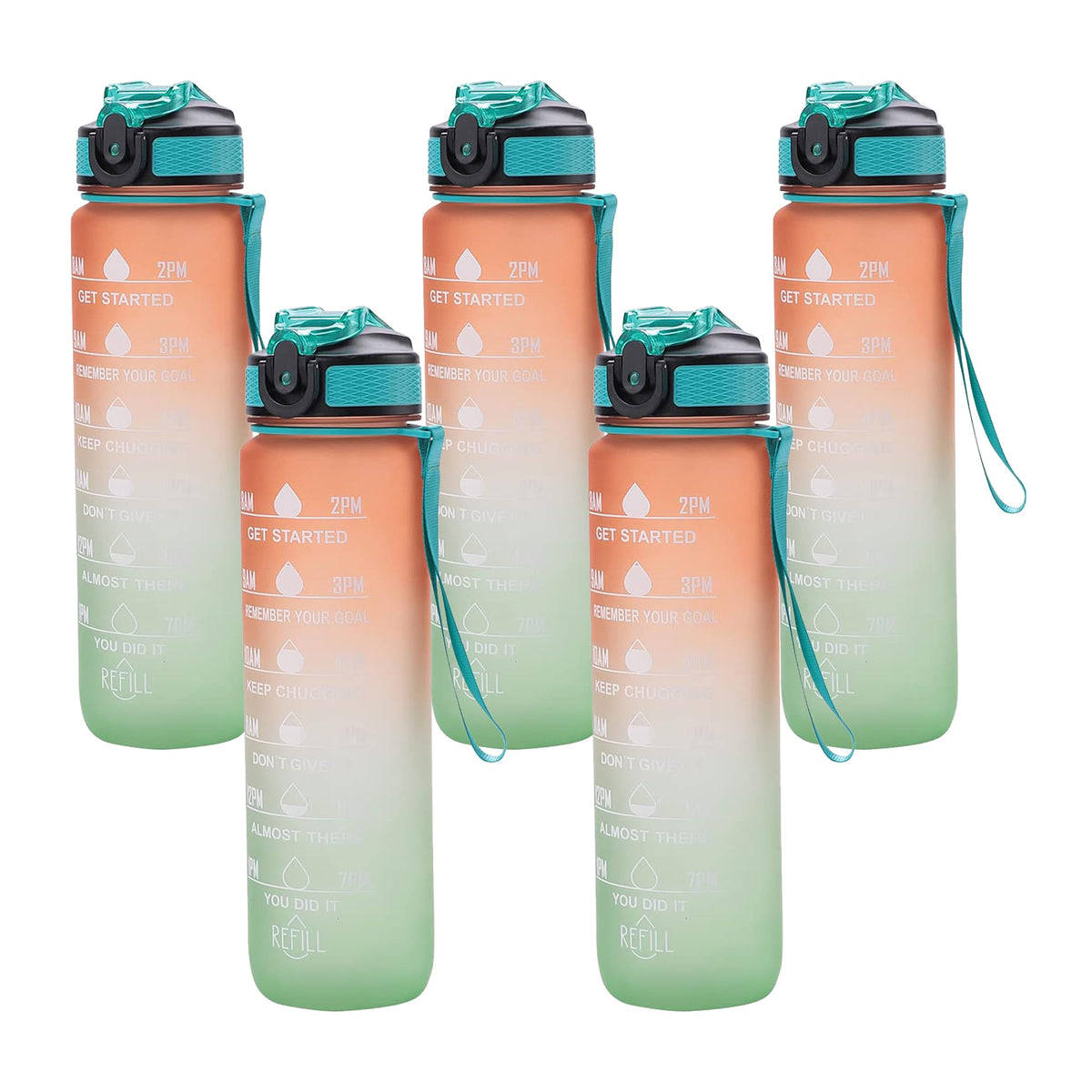 Kuber Industries Motivational Water Bottle with Time Marker | Sipper Water Bottle for Kids & Adults with Straw | for Gym, Home, Office & School | Orange Green -1 L (Pack of 5)