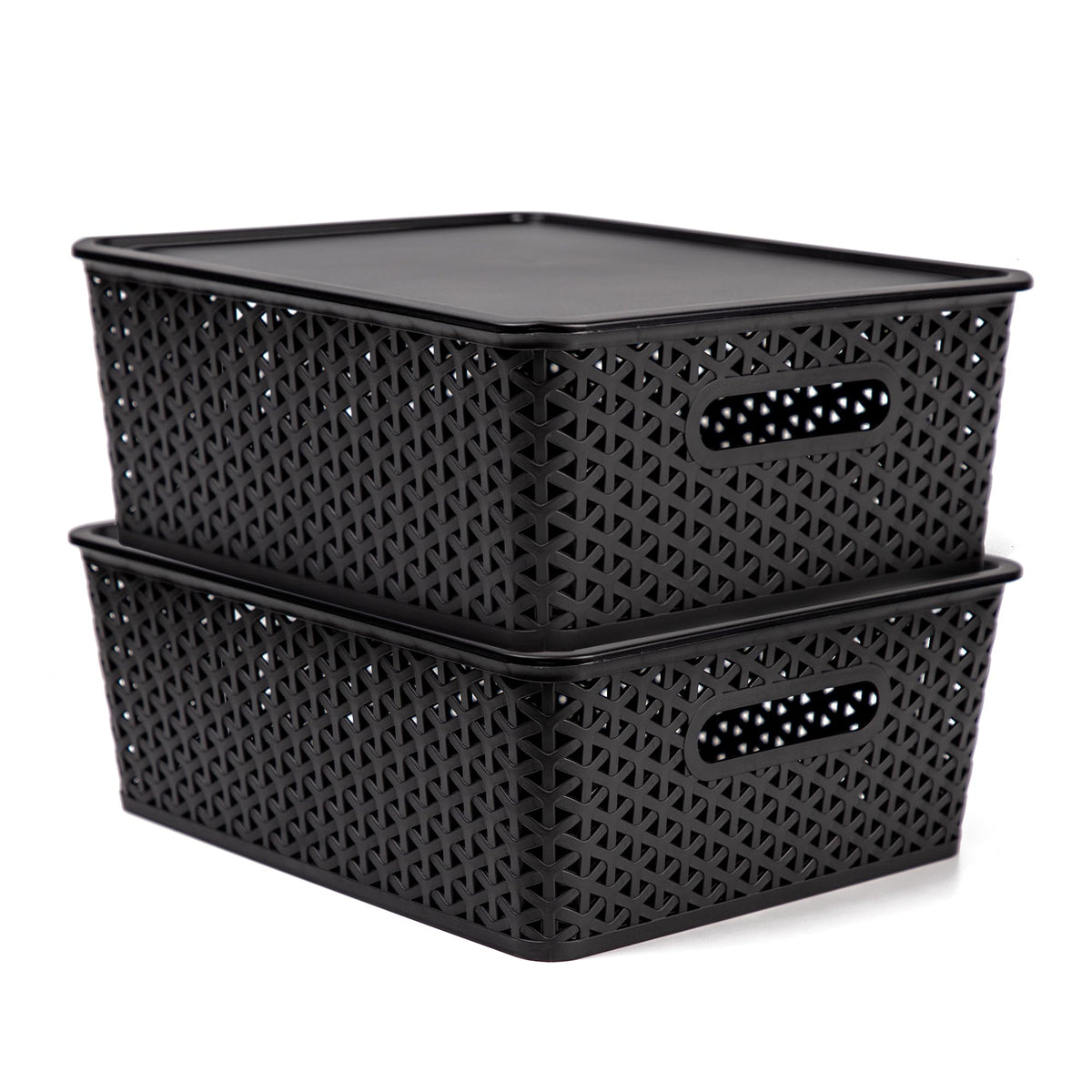 Anko Woven Container Set of 2 with Lid - Medium | Durable Stackable Containers with Lid | Home organiser BPA Free13.4cm x 35.8cm x 29.5cm, Black