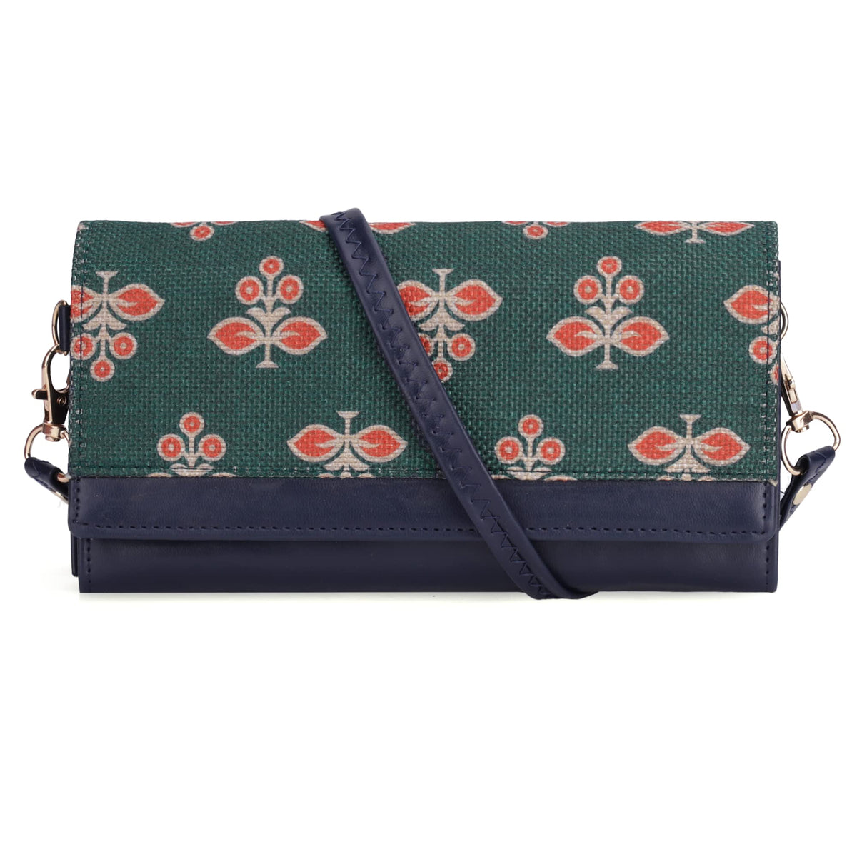 THE CLOWNFISH Women Erika Printed Handicraft Fabric & Vegan Leather Ladies Wristlet Purse Sling Bag With Multiple Card Slots & Shoulder Belt (Dark Green)